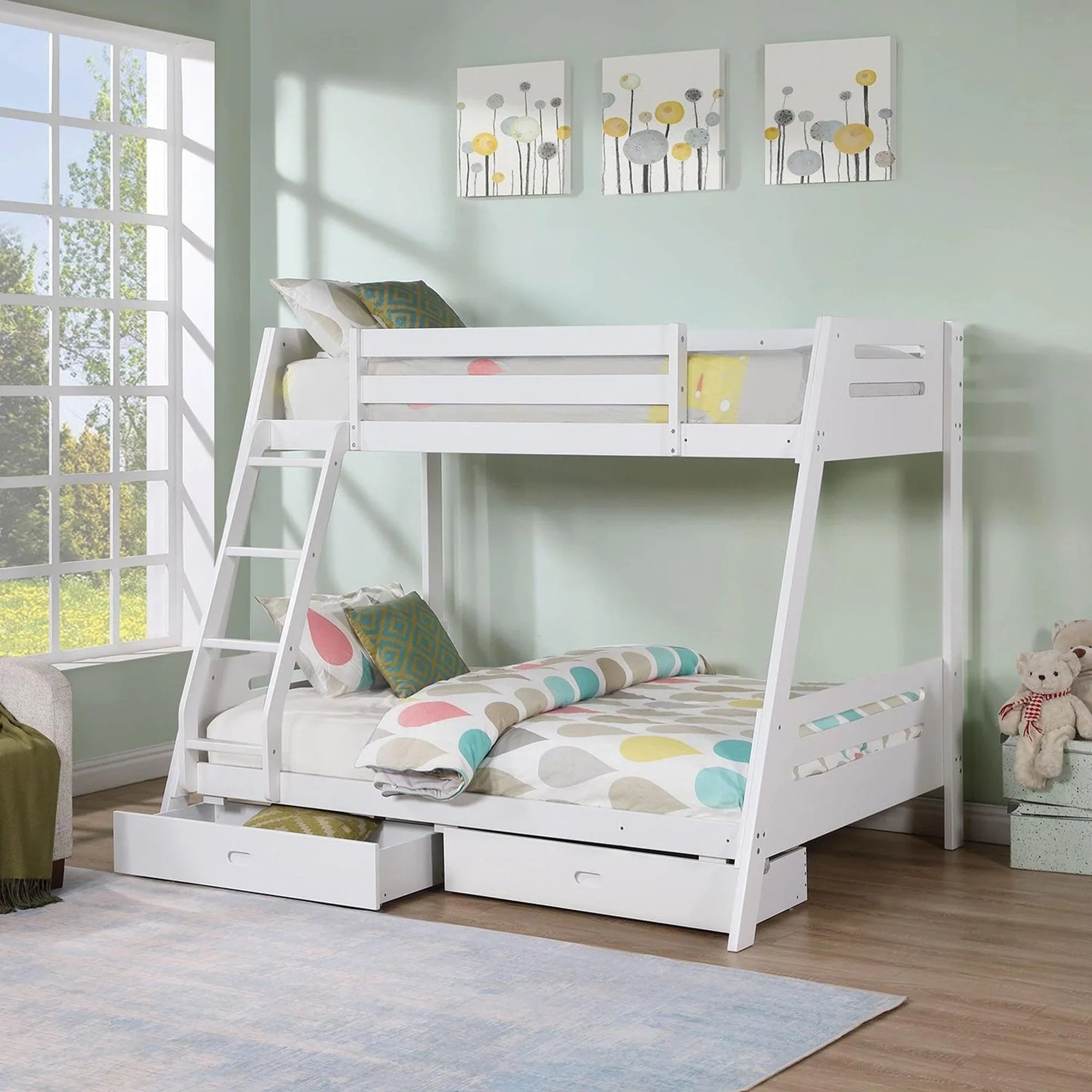 Solid Wood Twin / Full Bunk Bed with Reversible Angled Ladder and Underbed Drawers