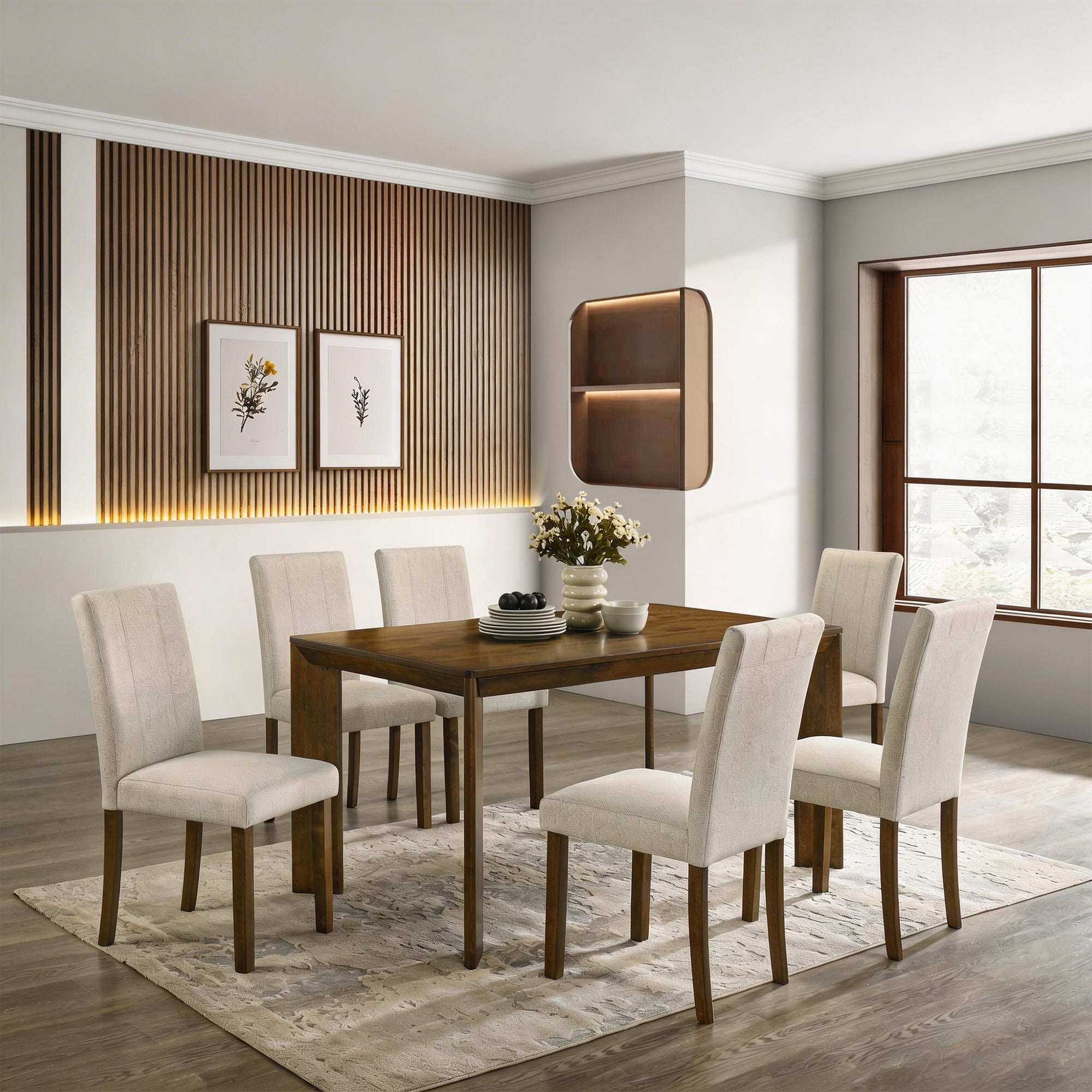 Paolino 7-Piece Antique Brown Rectangle Dining Table Set with 6 Side Chairs