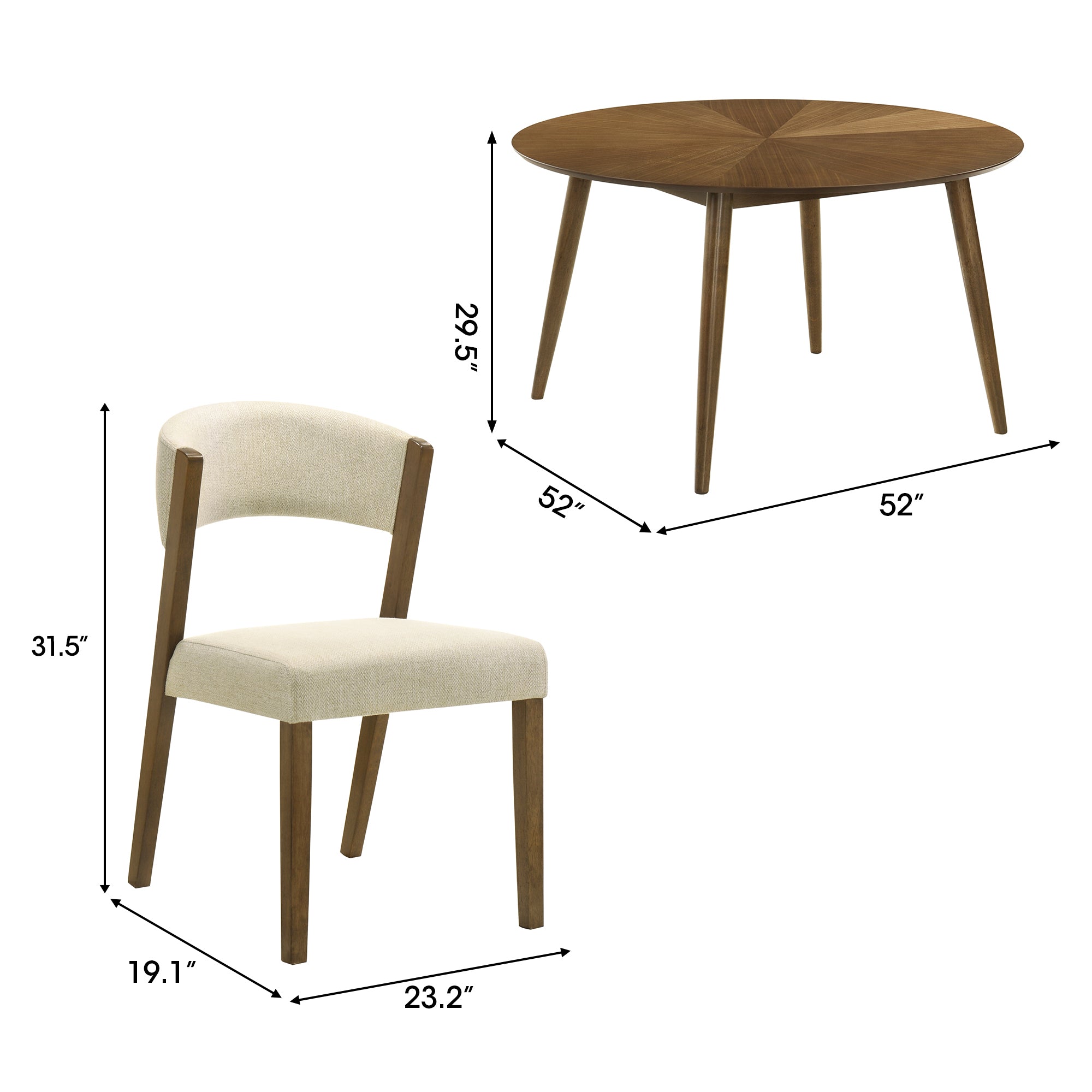 Raissa 5-Piece Walnut Round Wooden Dining Table with 4 Side Chairs