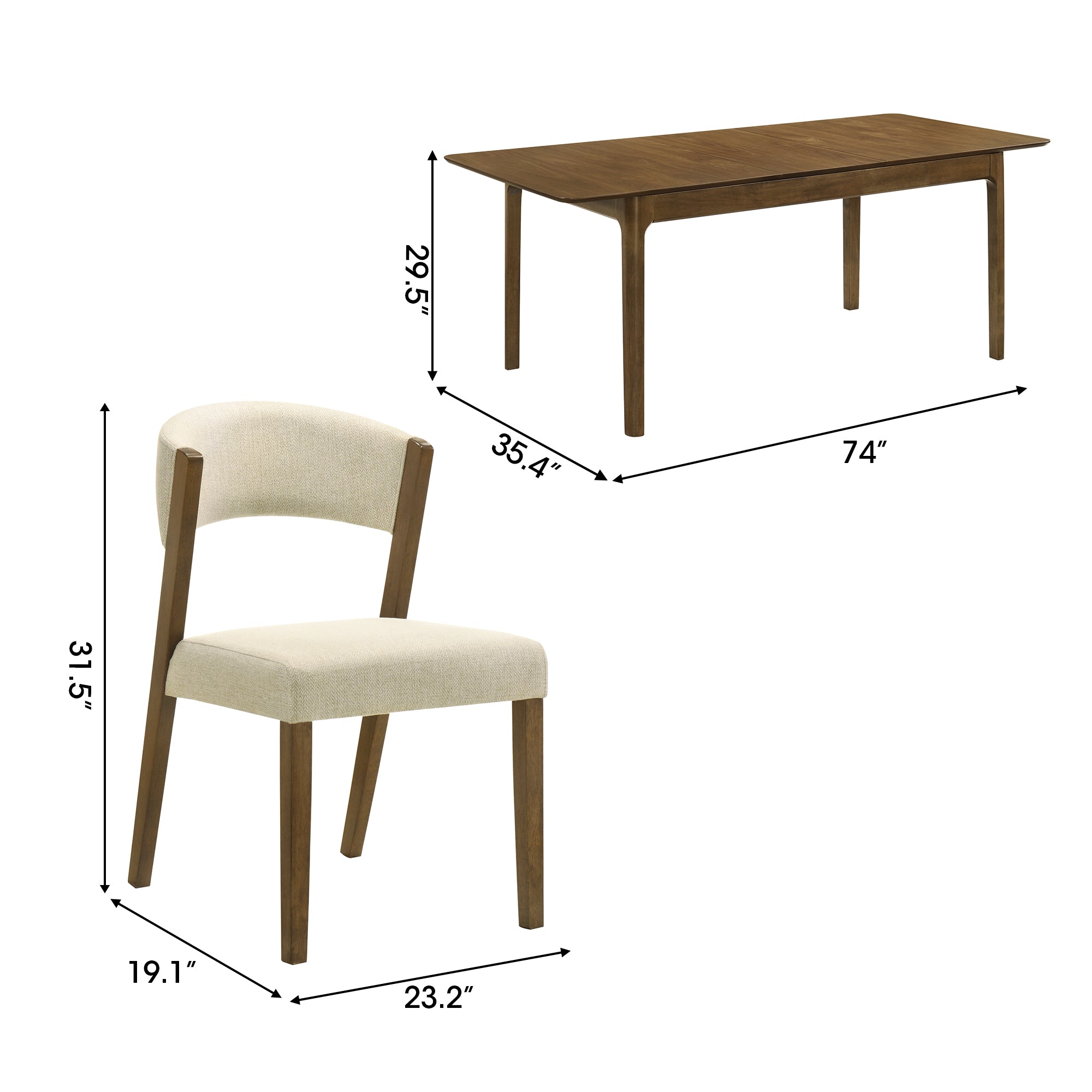 Raissa 74 Inch Walnut Rectangular Soft Rounded-Edge Extendable Wooden Dining Table with Side Chairs