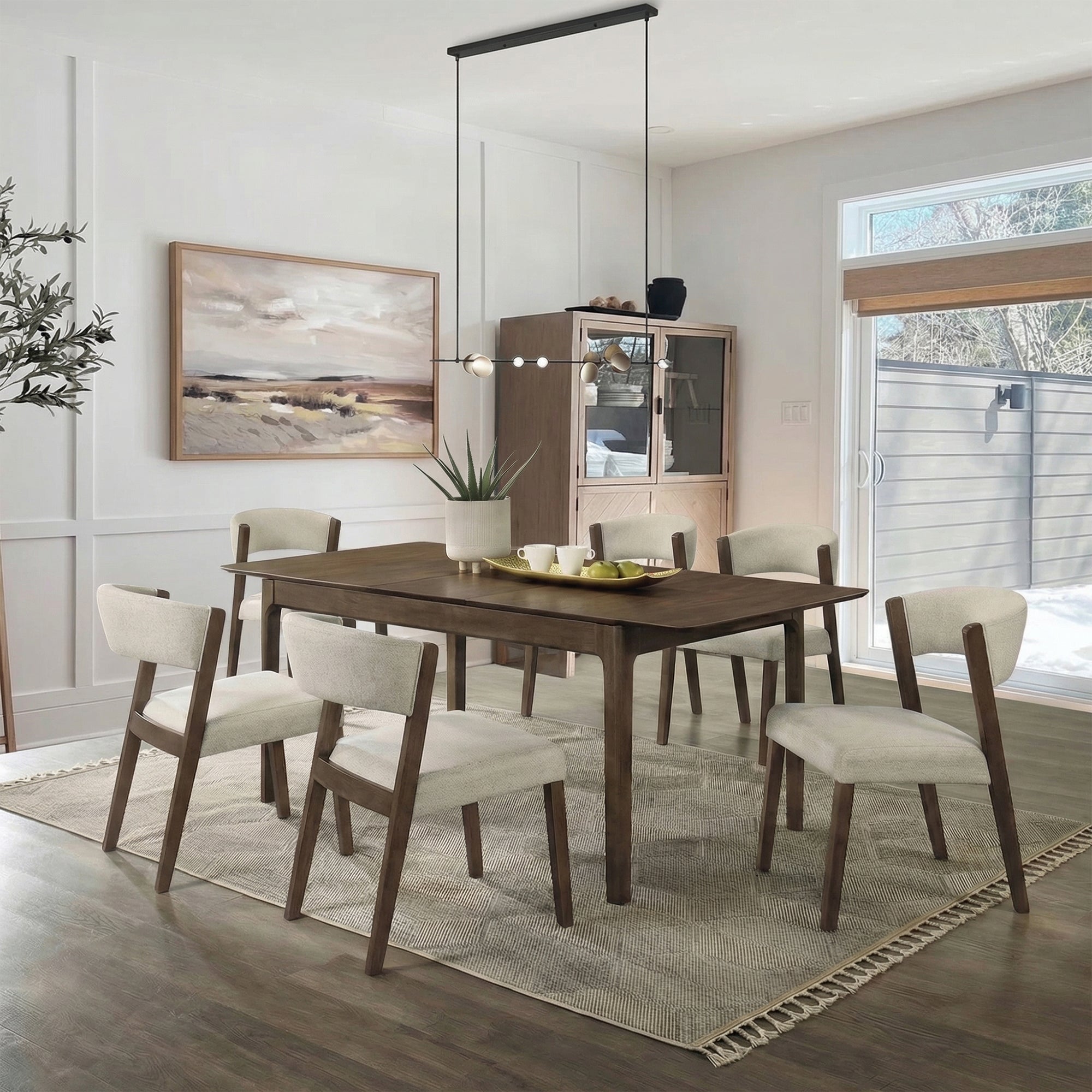 Raissa 74 Inch Walnut Rectangular Soft Rounded-Edge Extendable Wooden Dining Table with Side Chairs