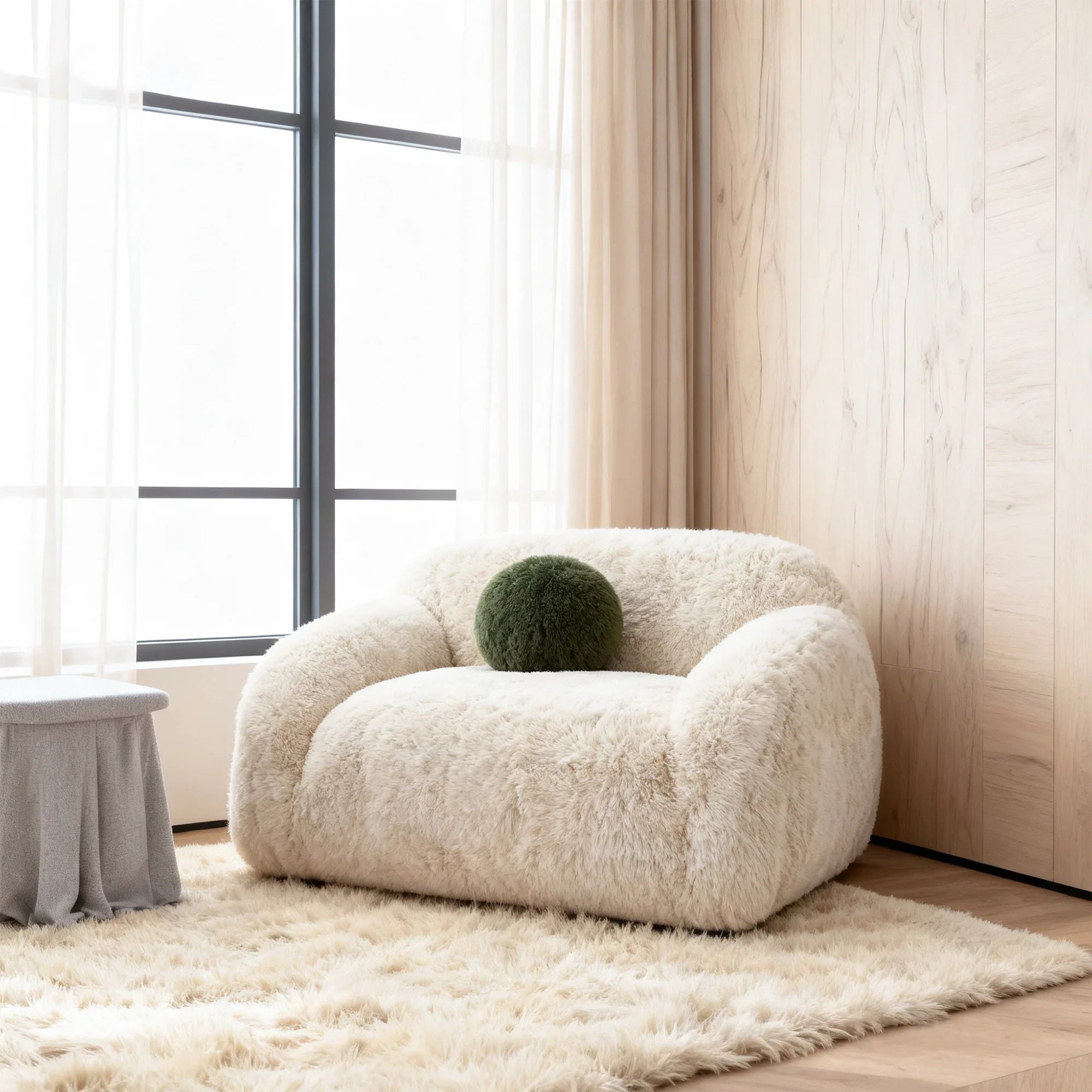 66 Inch Darwen Modern Faux Fur Loveseat with Ball Pillow
