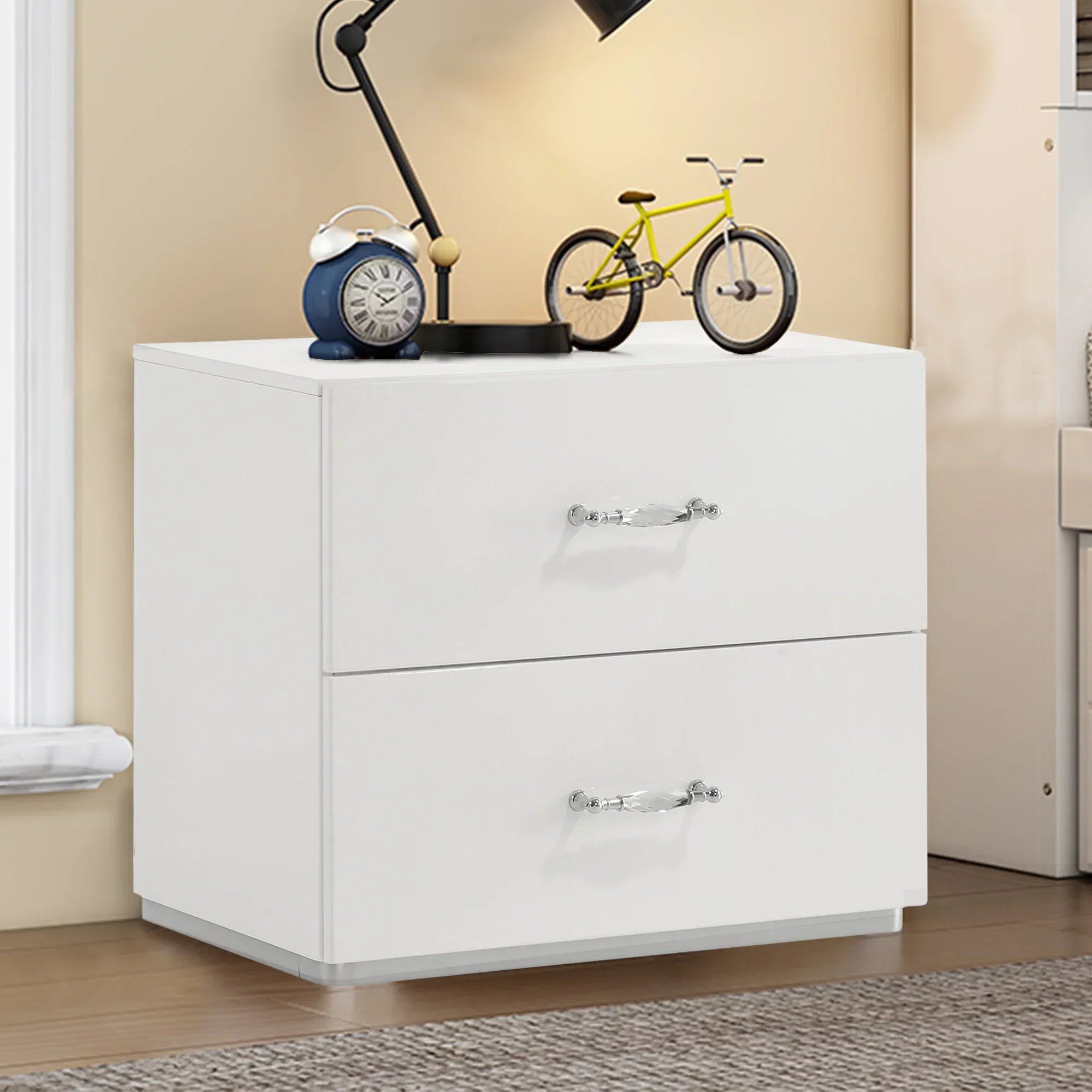 Stoholm Modern White Nightstand with 2-Drawer and Chrome Handles