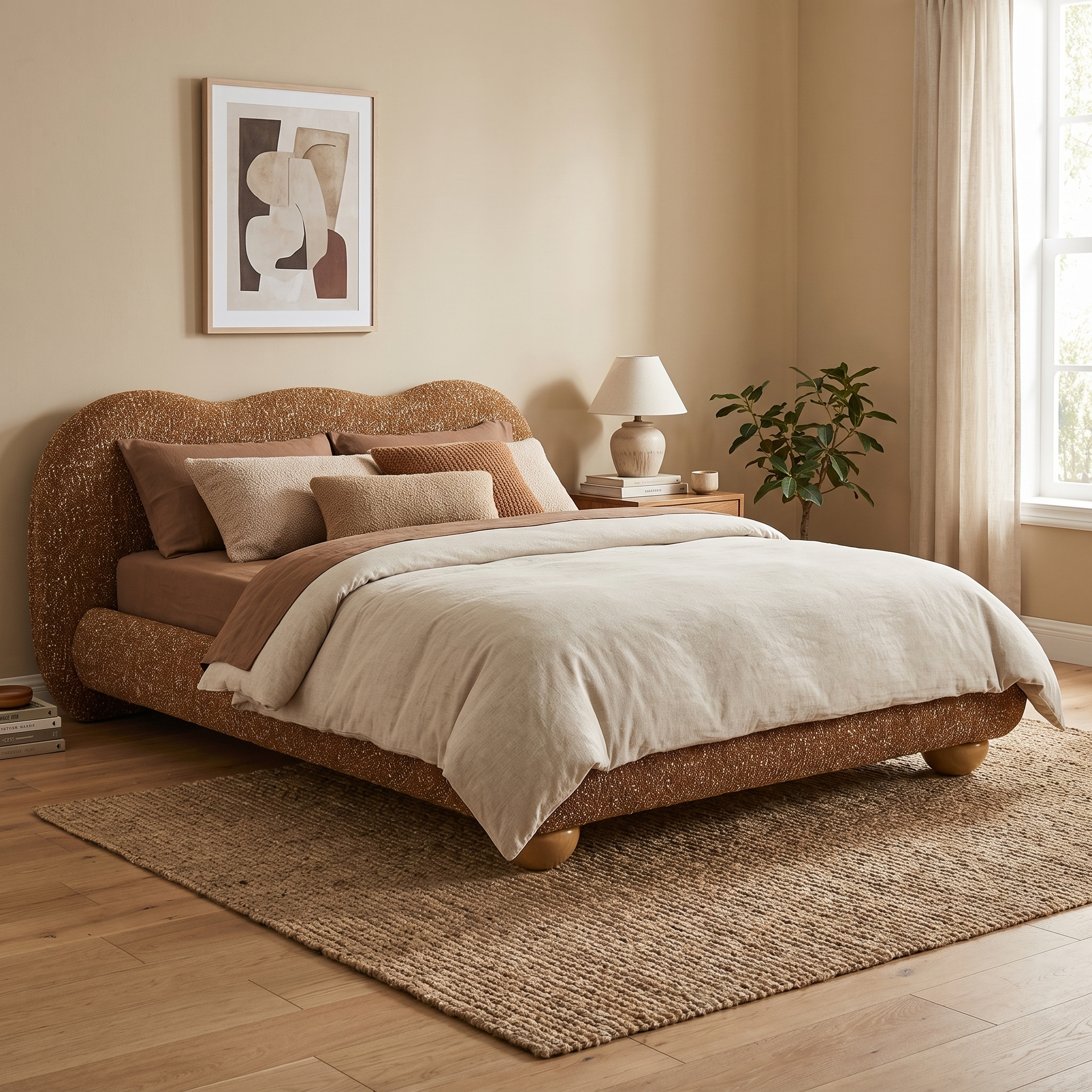 Finamore E.King & Queen Frame Platform Bed with Round Bun Wood Feet