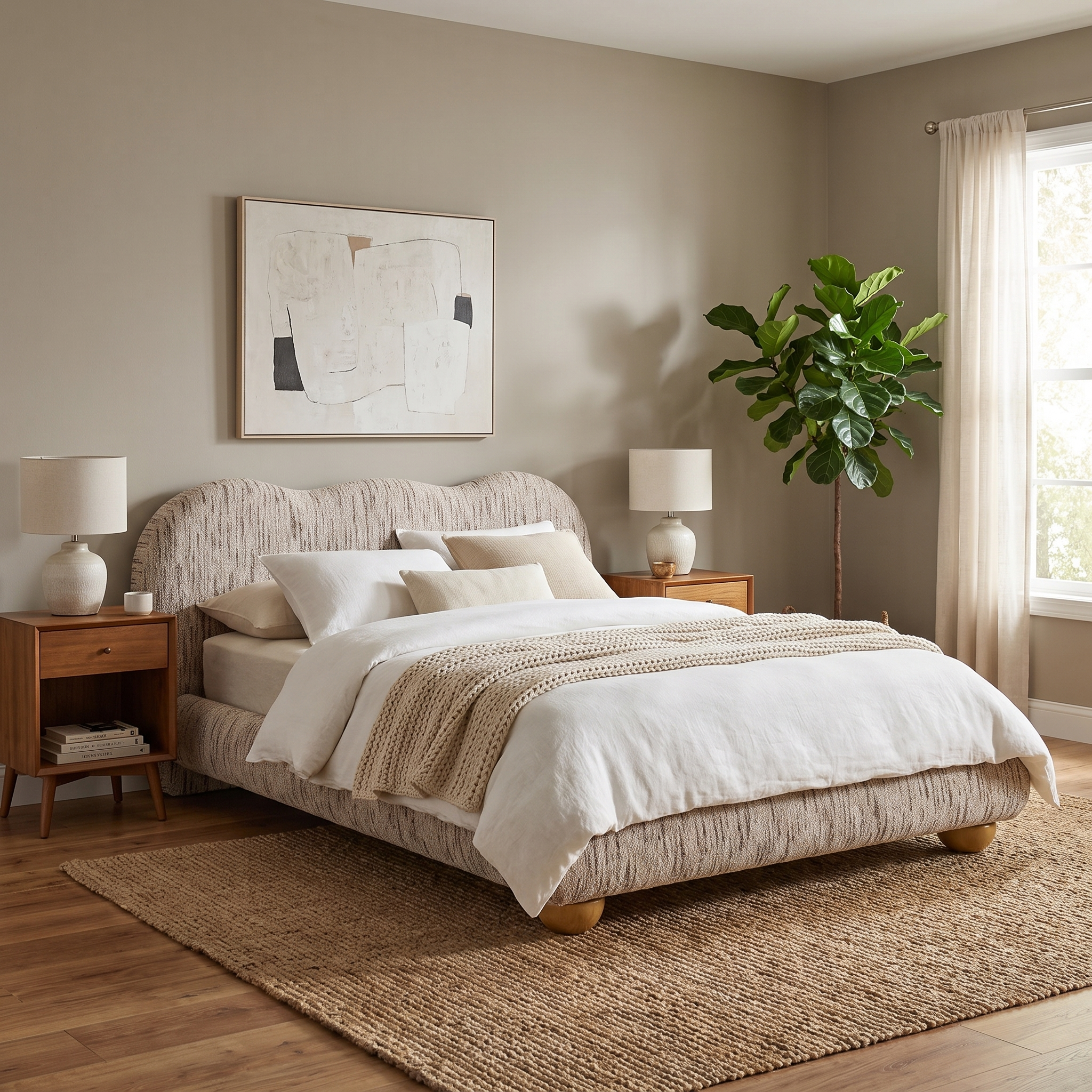 Finamore E.King & Queen Frame Platform Bed with Round Bun Wood Feet