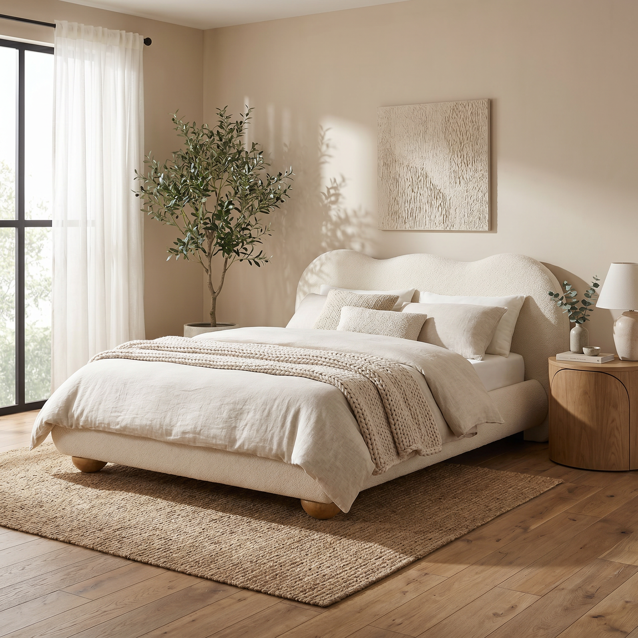 Finamore E.King & Queen Frame Platform Bed with Round Bun Wood Feet