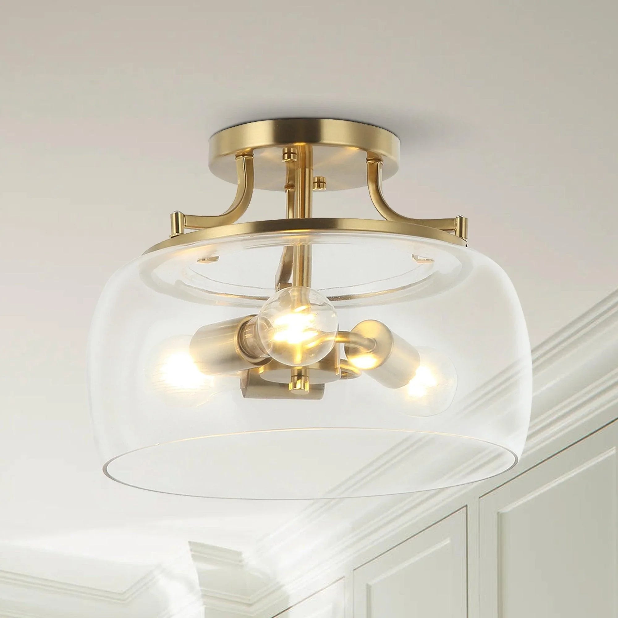 13 Inch 3-Light Brass Gold Semi-Flush Mount Ceiling Light Fixture with Clear Glass Shade