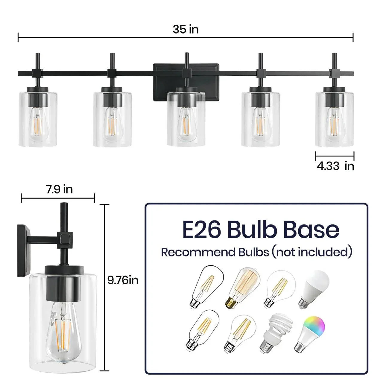 Jasper Modern Brushed Nickel & Black Clear Glass 5-Light Bathroom Linear Vanity Light