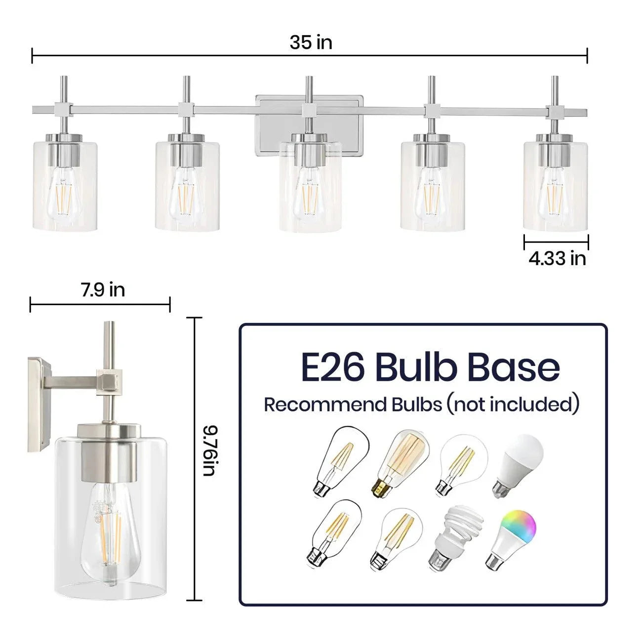 Jasper Modern Brushed Nickel & Black Clear Glass 5-Light Bathroom Linear Vanity Light