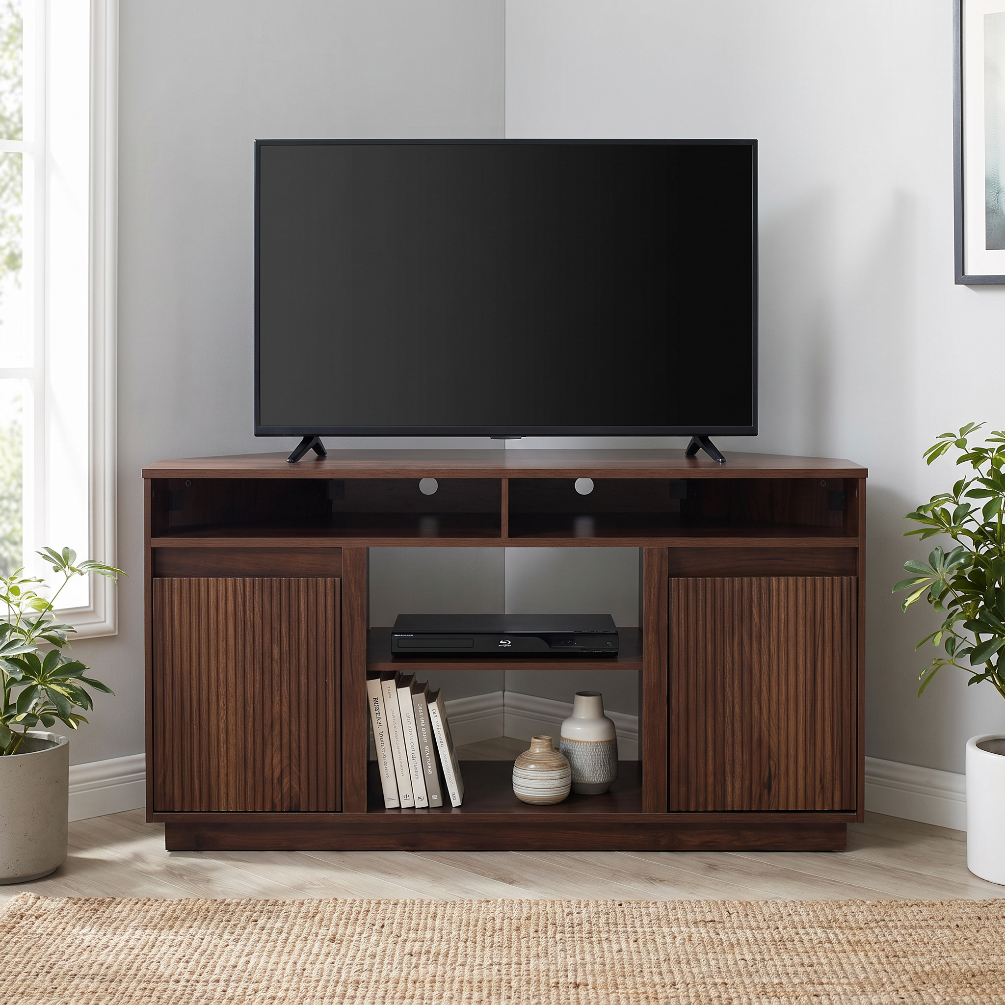 47 Inch Angled Corner Storage Cabinets TV Stand & Optional 19 Inch Electric Fireplace