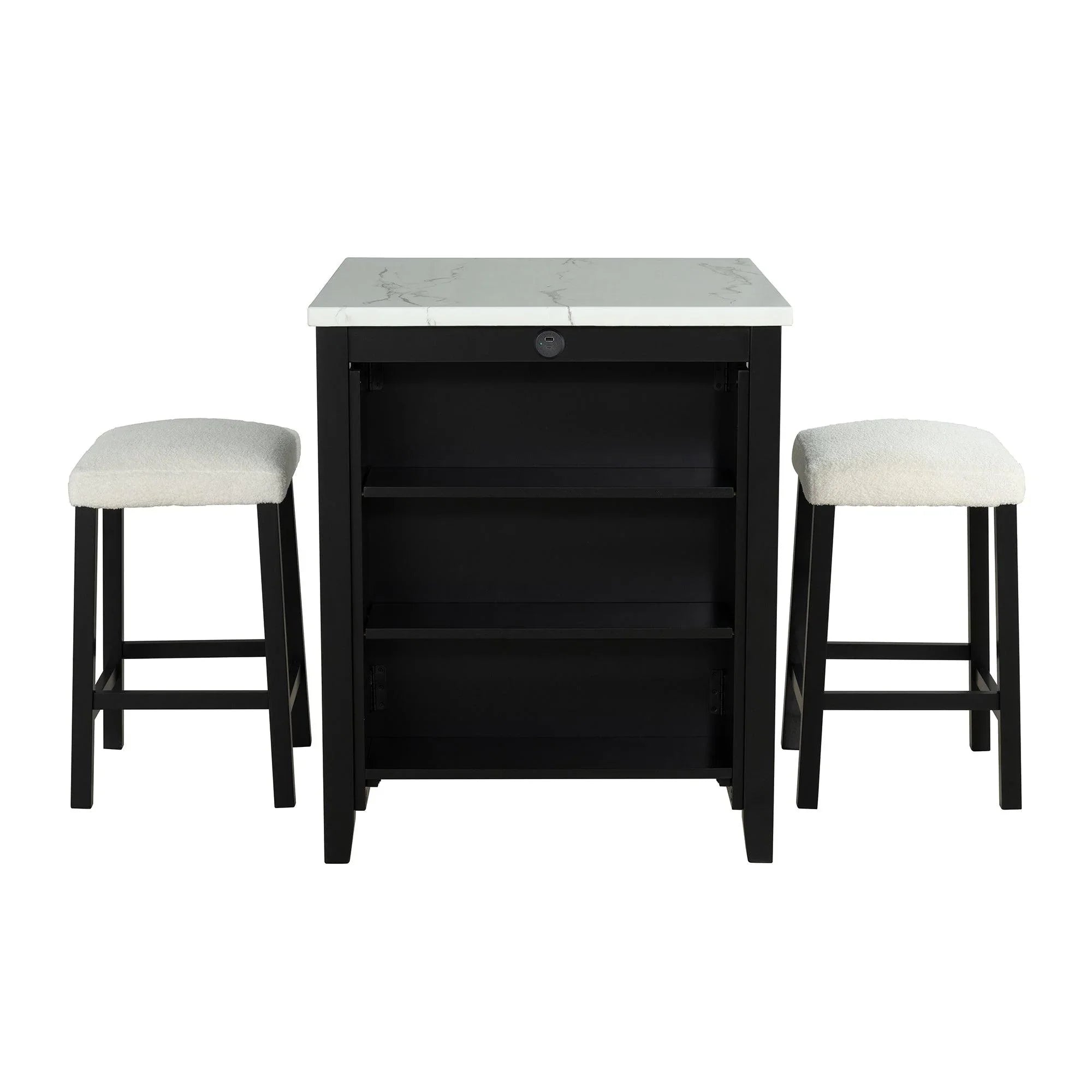 36" Modern Dining Table Set with 2 Stool, High Gloss Table Top, USB-A & USB-C Charging Ports