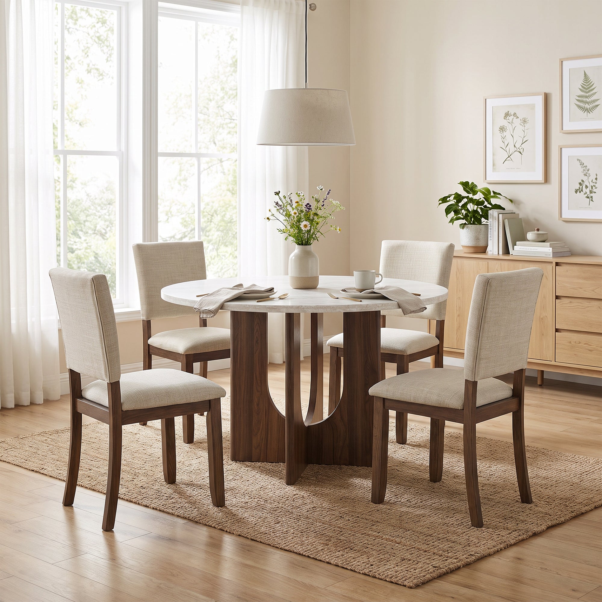 Juego de mesa de comedor de 5 piezas de madera maciza de caucho de 48" de ancho con respaldo de silla en forma de diamante