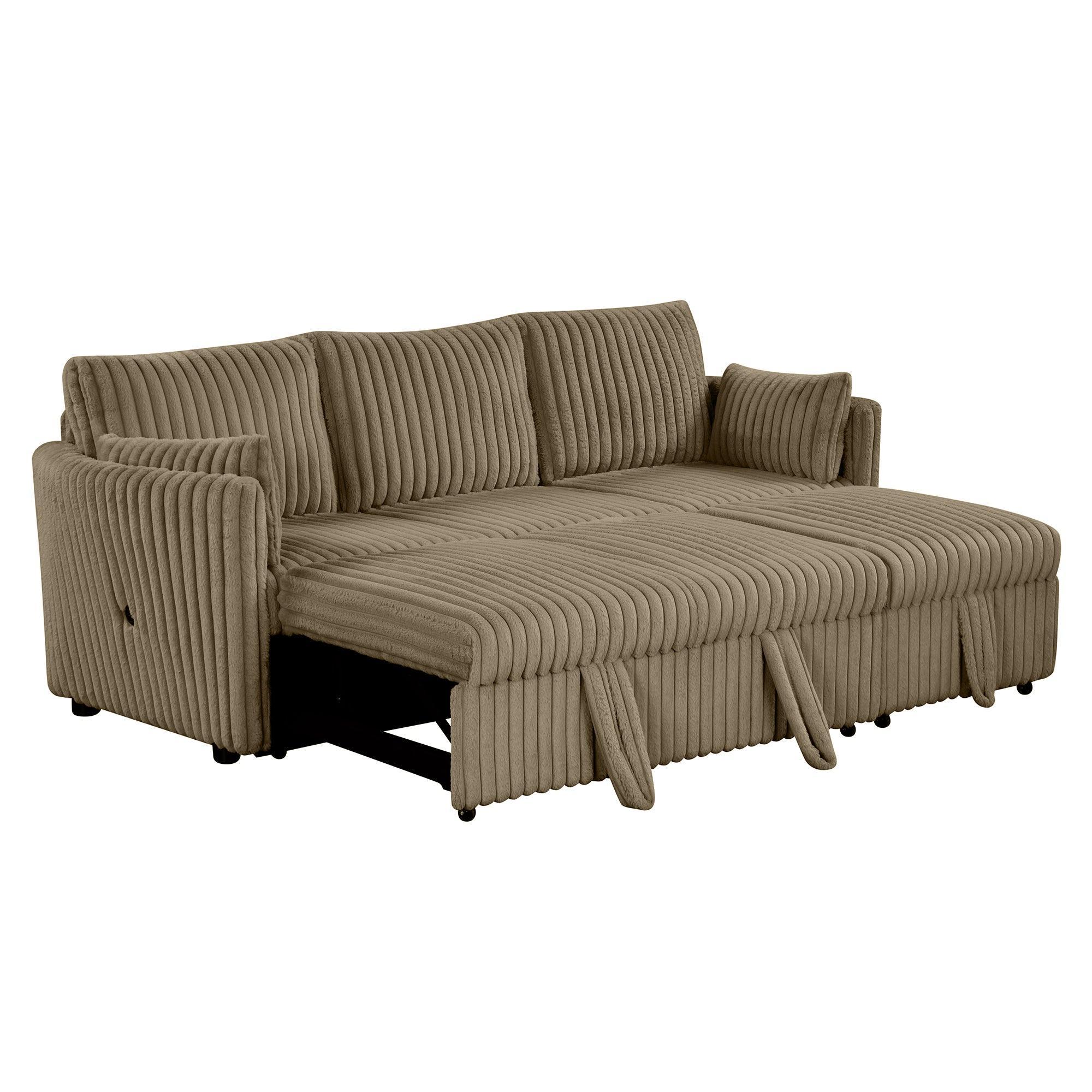 Brown Faux Fur Oversized Convertible Sleeper Sectional Sofa Couch Daybed and Chair Pull Out with 2 Pillows, USB Charging Ports for Living Room