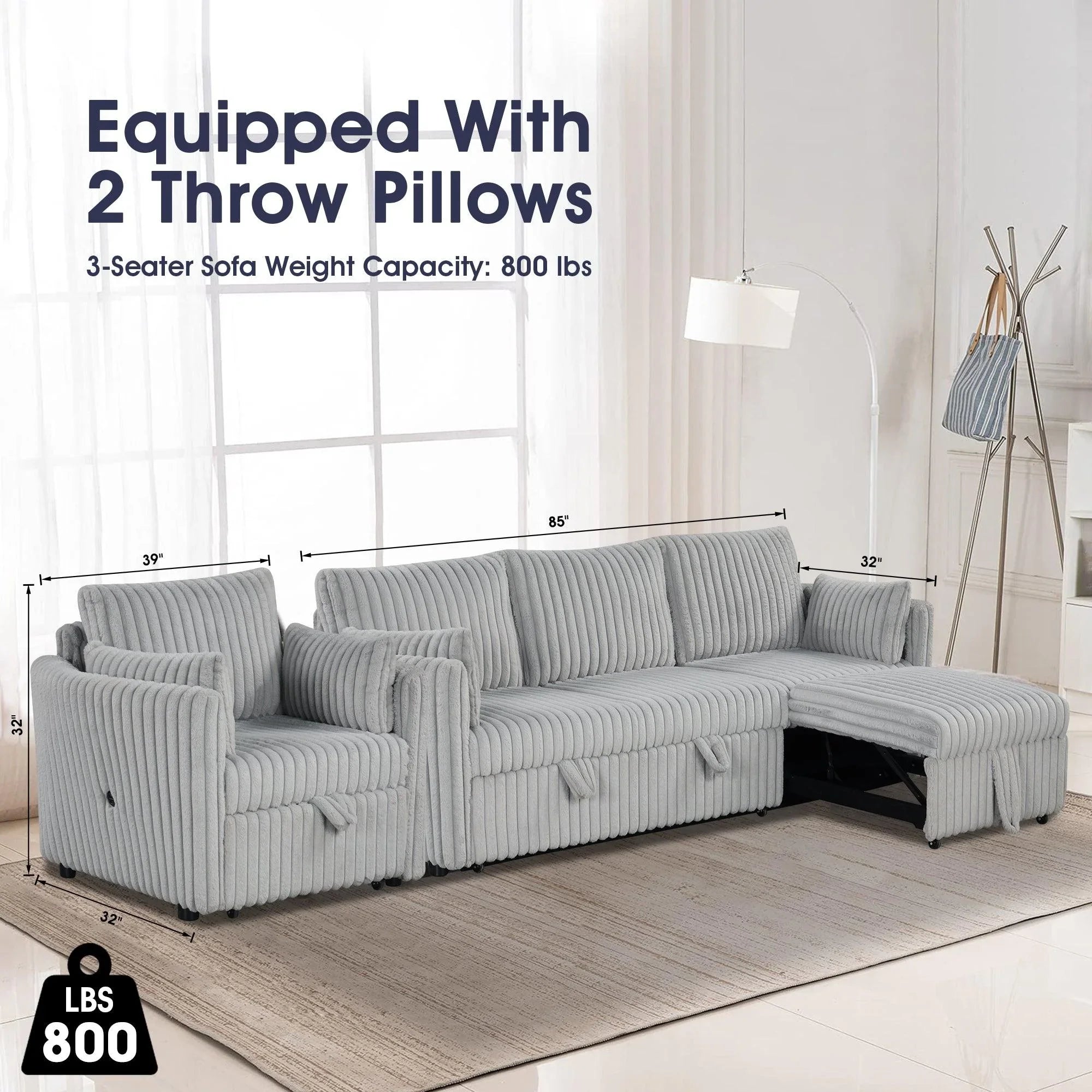Light Gray Faux Fur Oversized Convertible Sleeper Sectional Sofa Couch Daybed and Chair Pull Out with 2 Pillows, USB Charging Ports for Living Room
