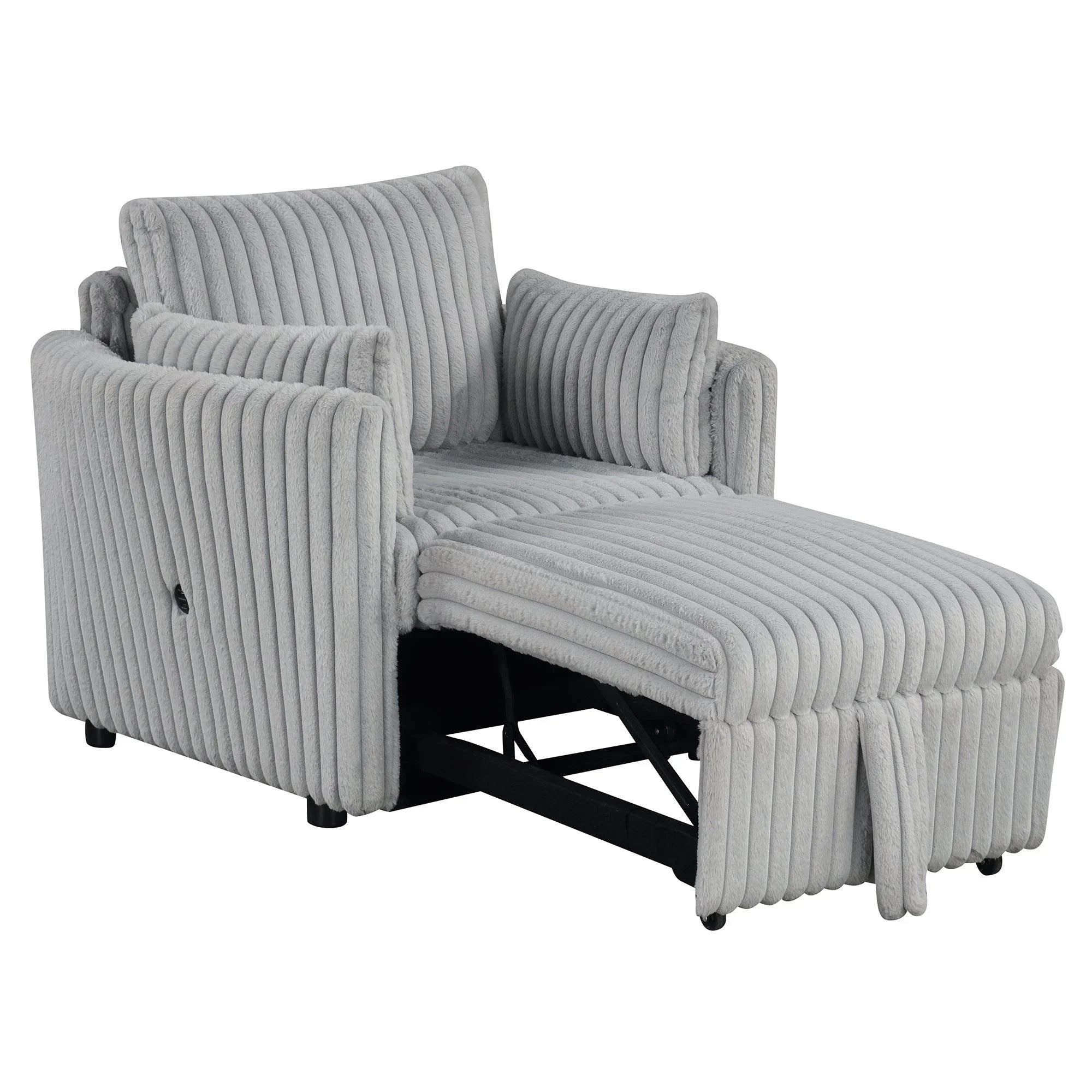Light Gray Faux Fur Oversized Convertible Sleeper Sectional Sofa Couch Daybed and Chair Pull Out with 2 Pillows, USB Charging Ports for Living Room