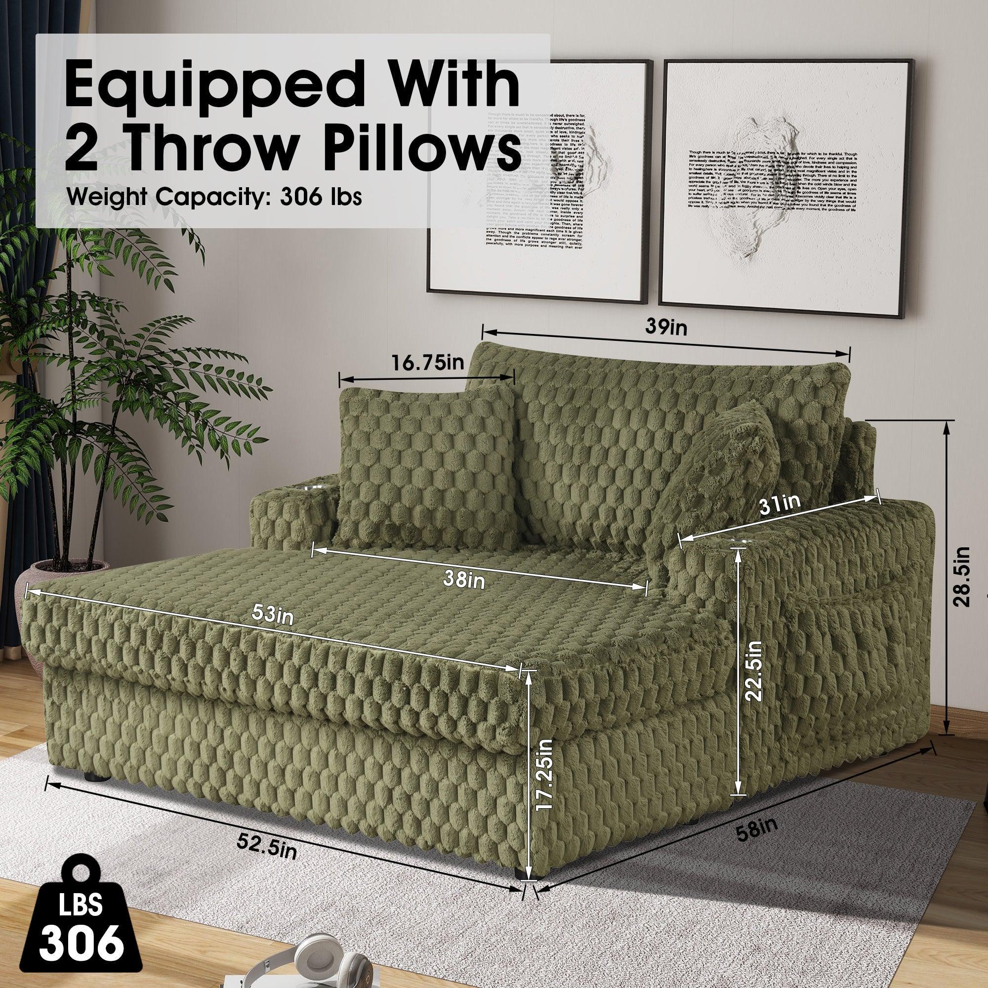54 Inch Contemporary Indoor Upholstered Chaise Lounge Plush Sleeper Chair with Throw Pillows, 2 Cup Holders and Magazine Bags for Living Room