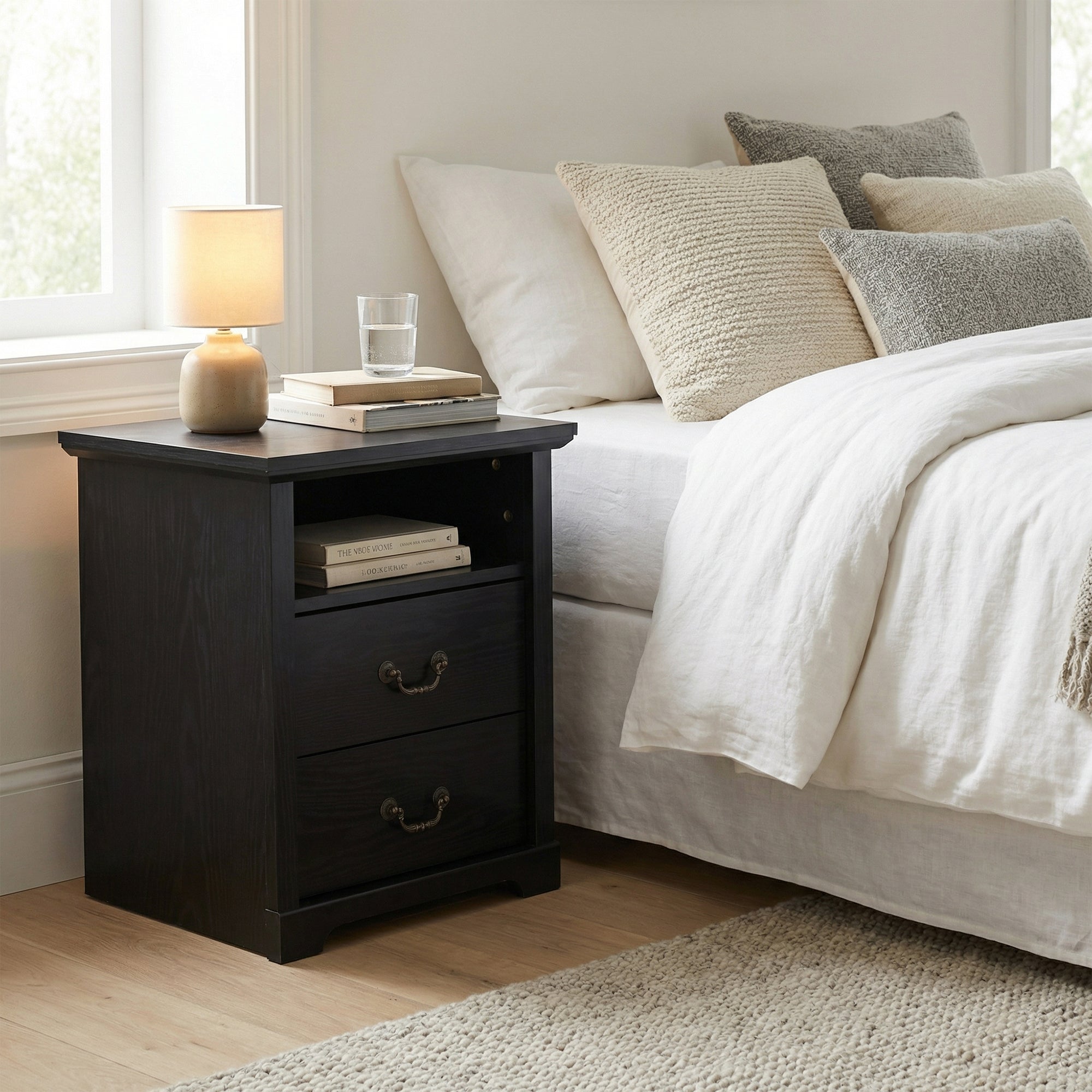 22 Inch Rustic 2-Drawer Nightstand with Open Top Shelf
