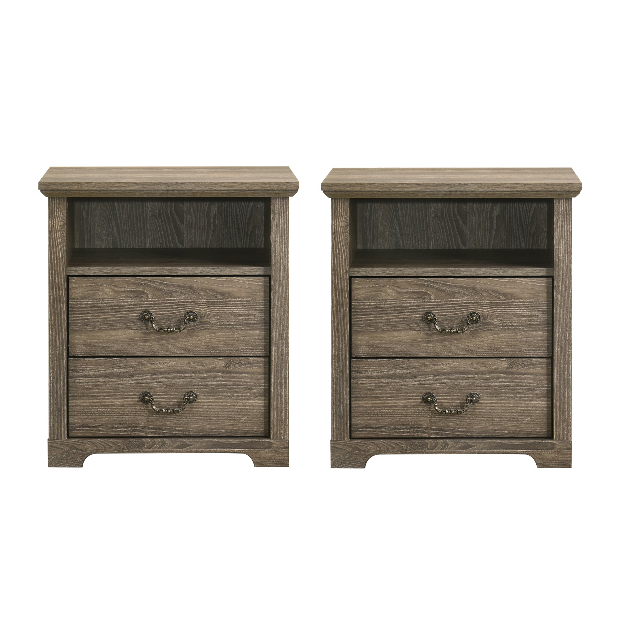 22 Inch Rustic 2-Drawer Nightstand with Open Top Shelf
