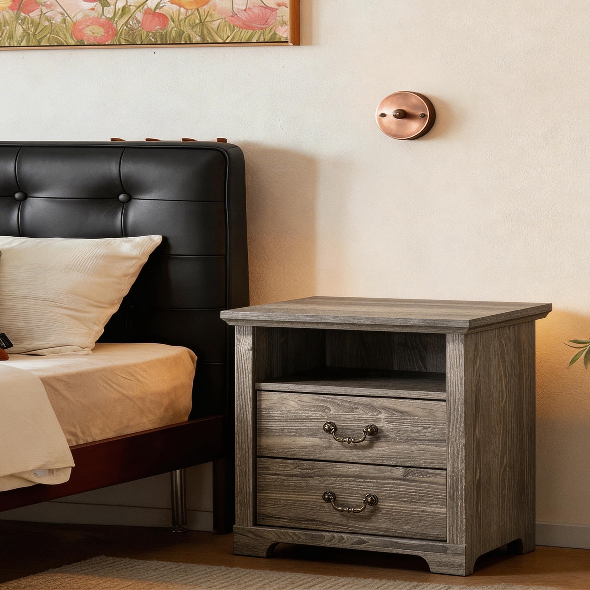 22 Inch Rustic 2-Drawer Nightstand with Open Top Shelf