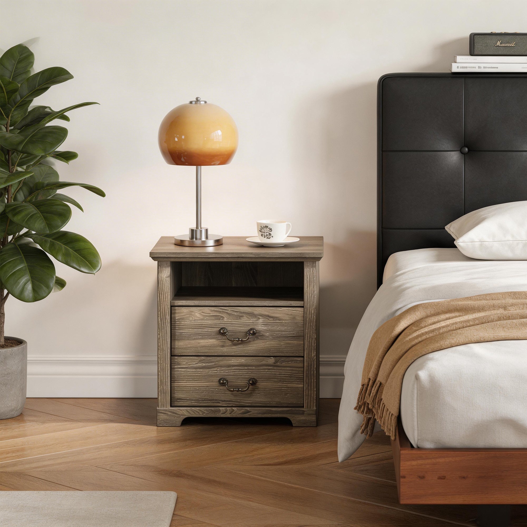 22 Inch Rustic 2-Drawer Nightstand with Open Top Shelf