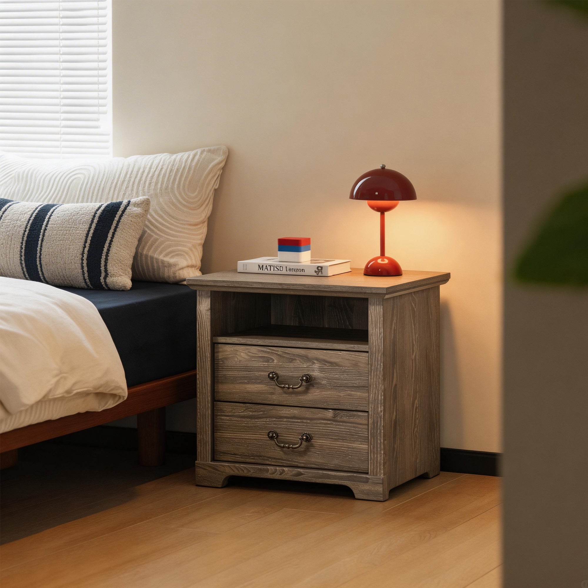 22 Inch Rustic 2-Drawer Nightstand with Open Top Shelf