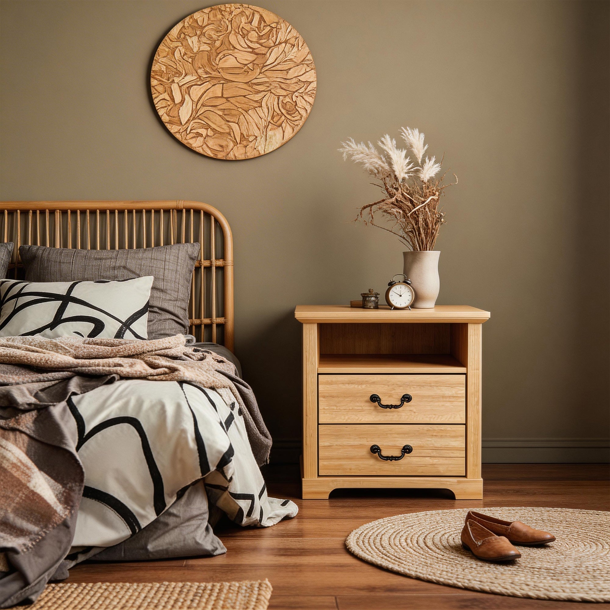 22 Inch Rustic 2-Drawer Nightstand with Open Top Shelf