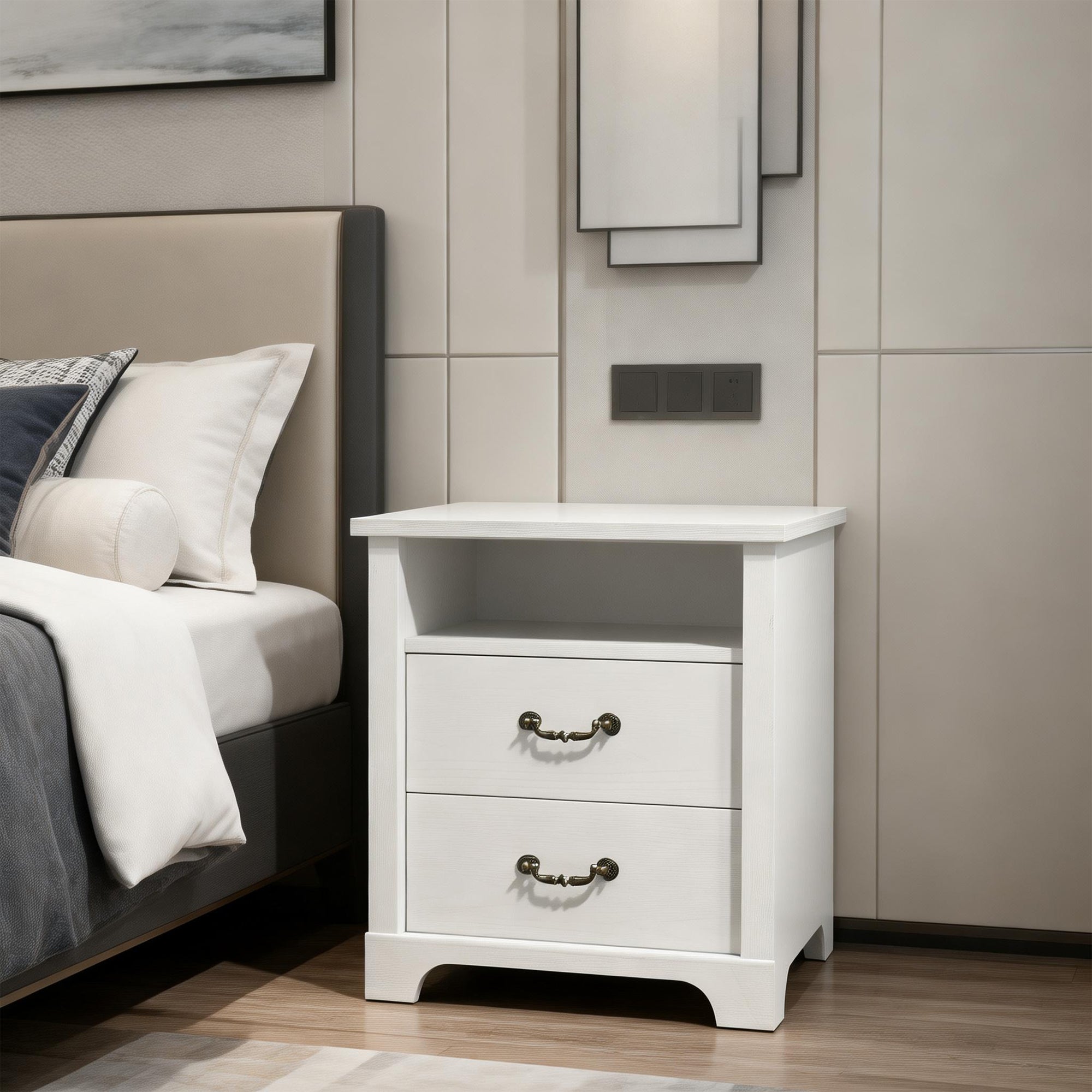 22 Inch Rustic 2-Drawer Nightstand with Open Top Shelf