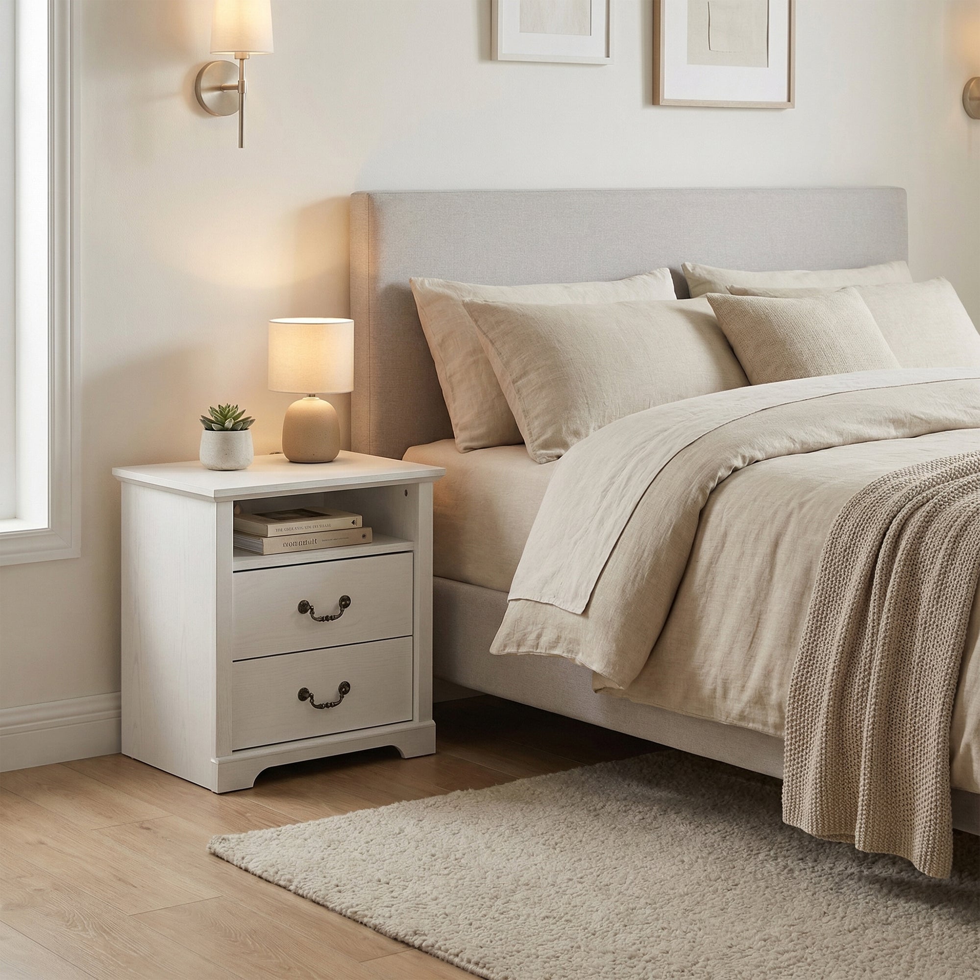 22 Inch Rustic 2-Drawer Nightstand with Open Top Shelf