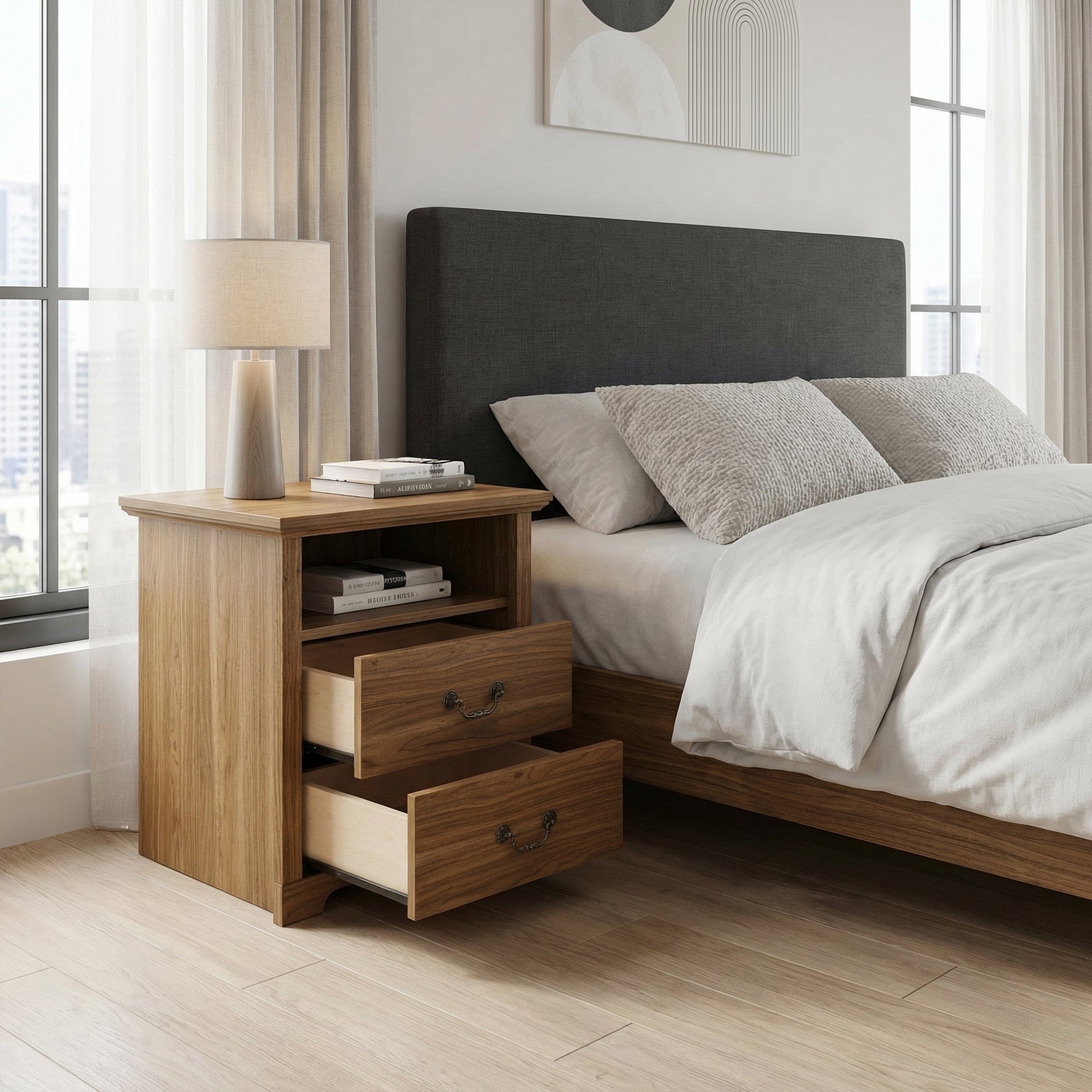22 Inch Rustic 2-Drawer Nightstand with Open Top Shelf