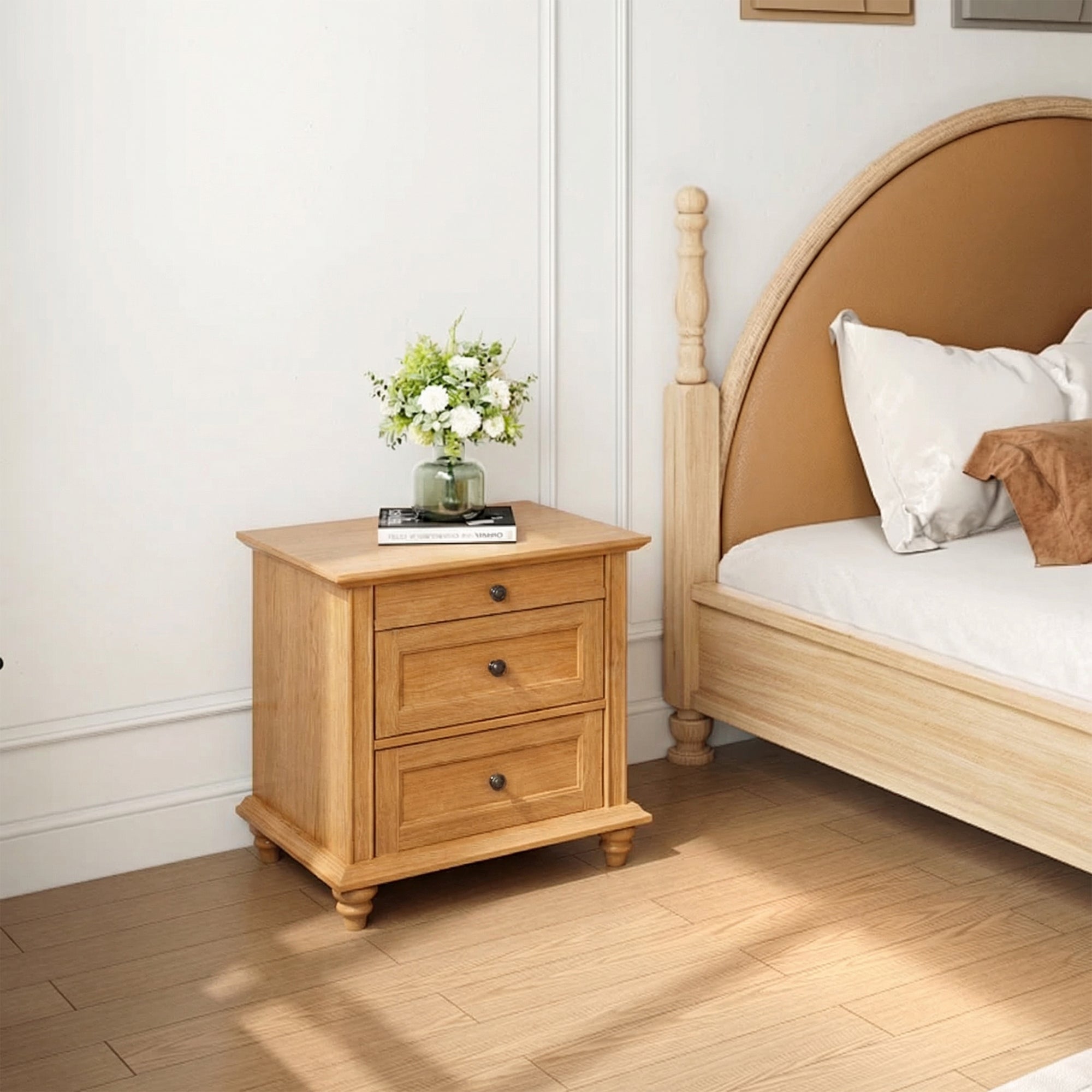 24 Inch Transitional 3-Drawer Nightstand with Solid Wood Legs