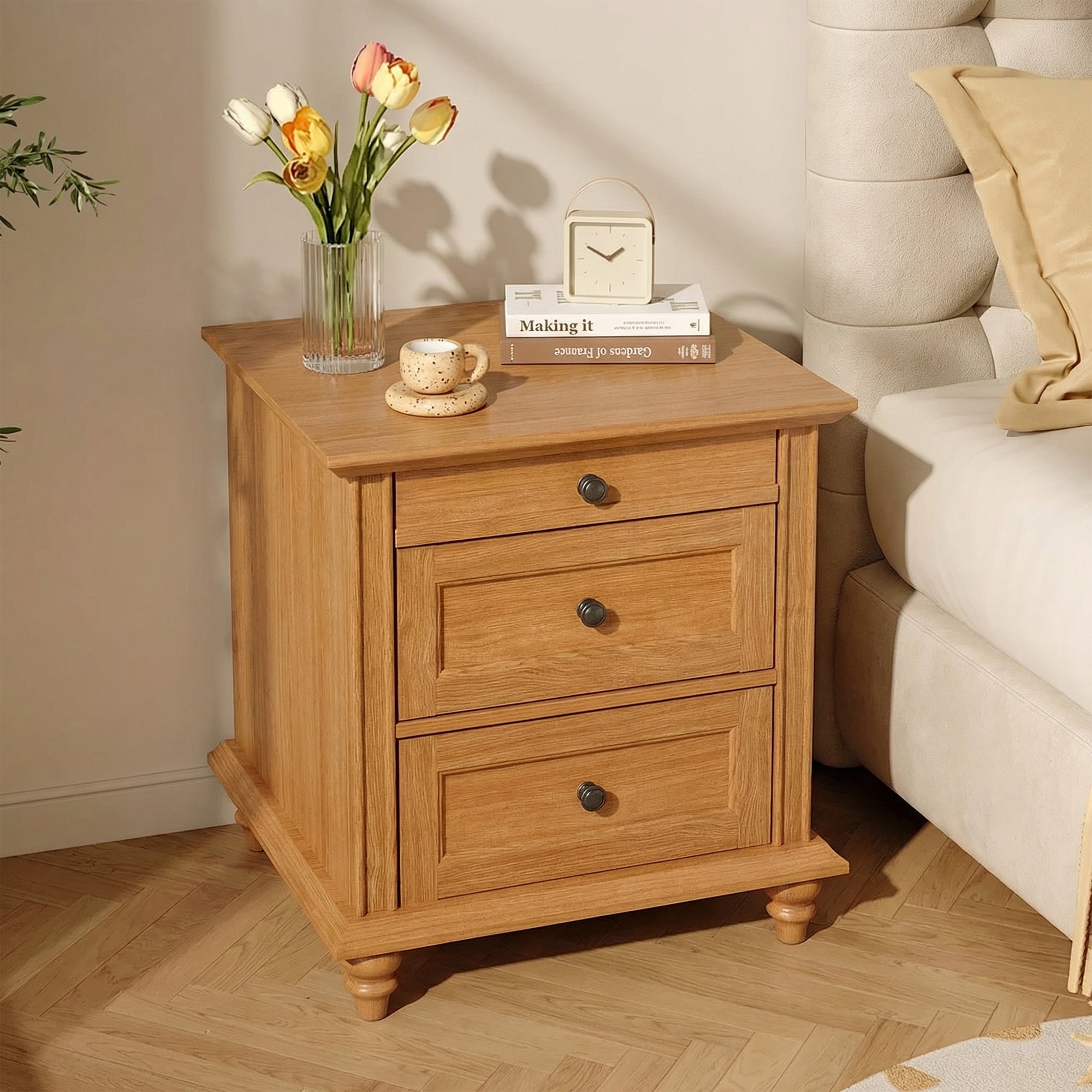 24 Inch Transitional 3-Drawer Nightstand with Solid Wood Legs