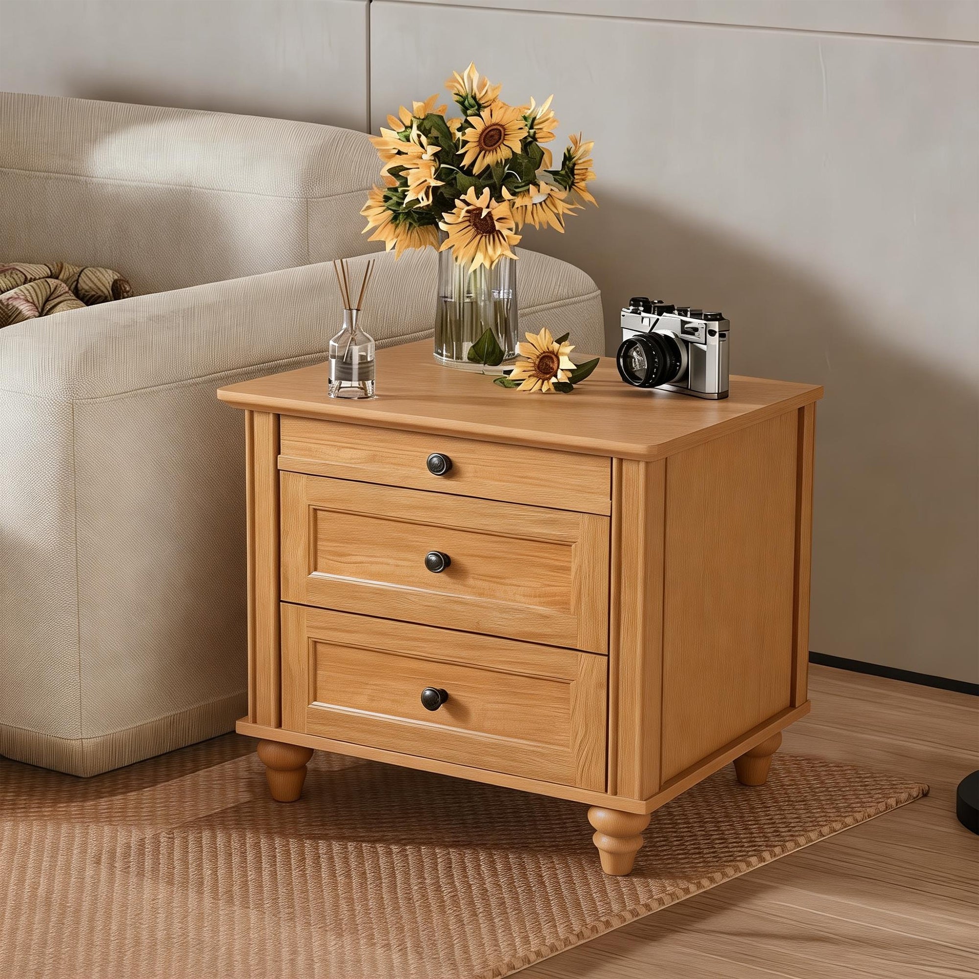 24 Inch Transitional 3-Drawer Nightstand with Solid Wood Legs