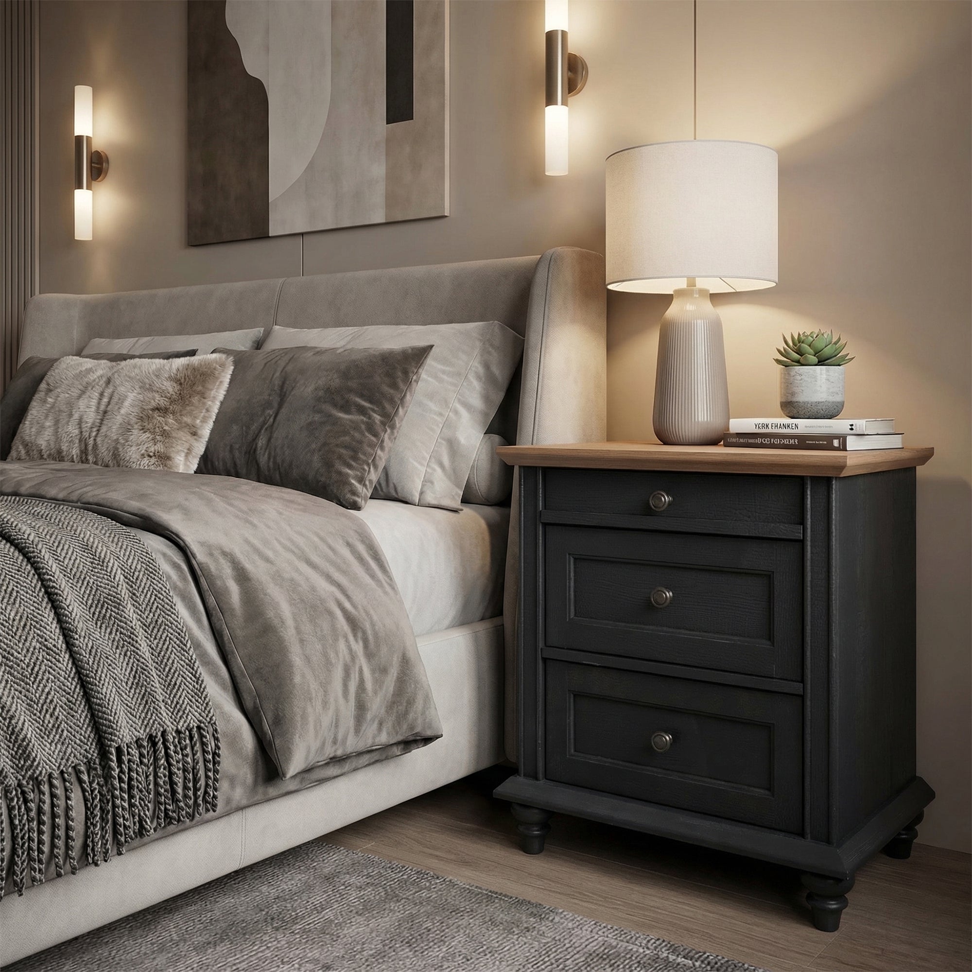 24 Inch Transitional 3-Drawer Nightstand with Solid Wood Legs