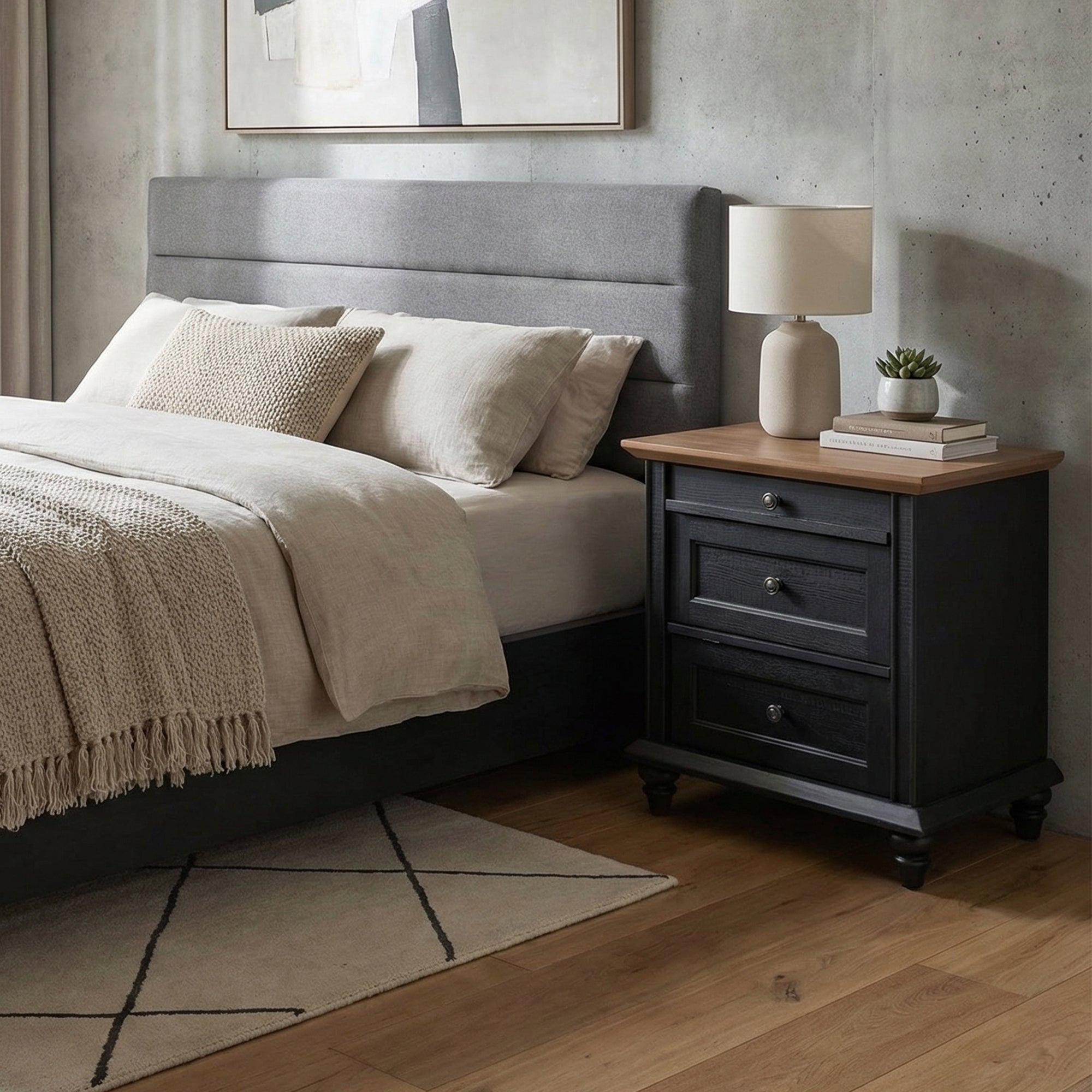 24 Inch Transitional 3-Drawer Nightstand with Solid Wood Legs