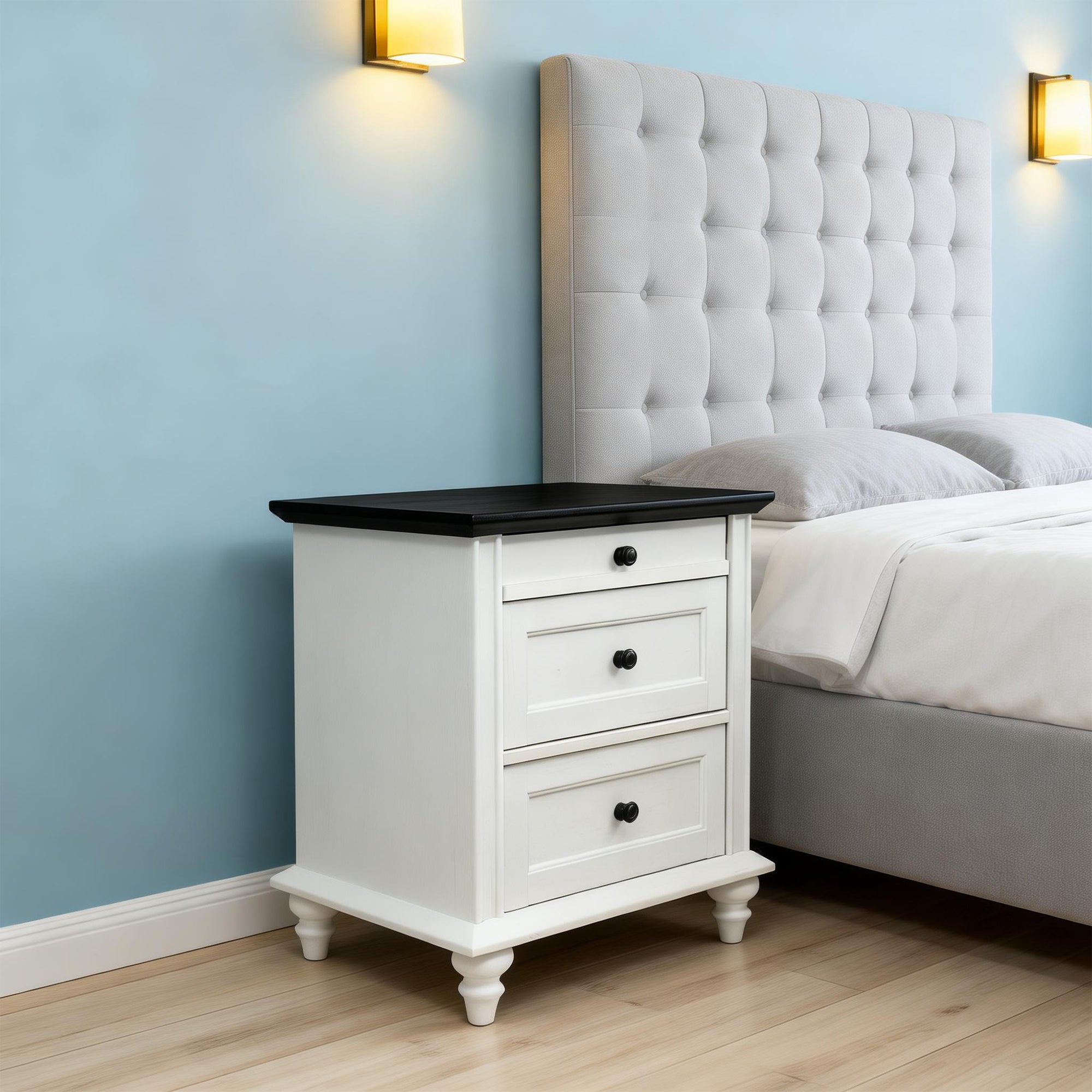24 Inch Transitional 3-Drawer Nightstand with Solid Wood Legs