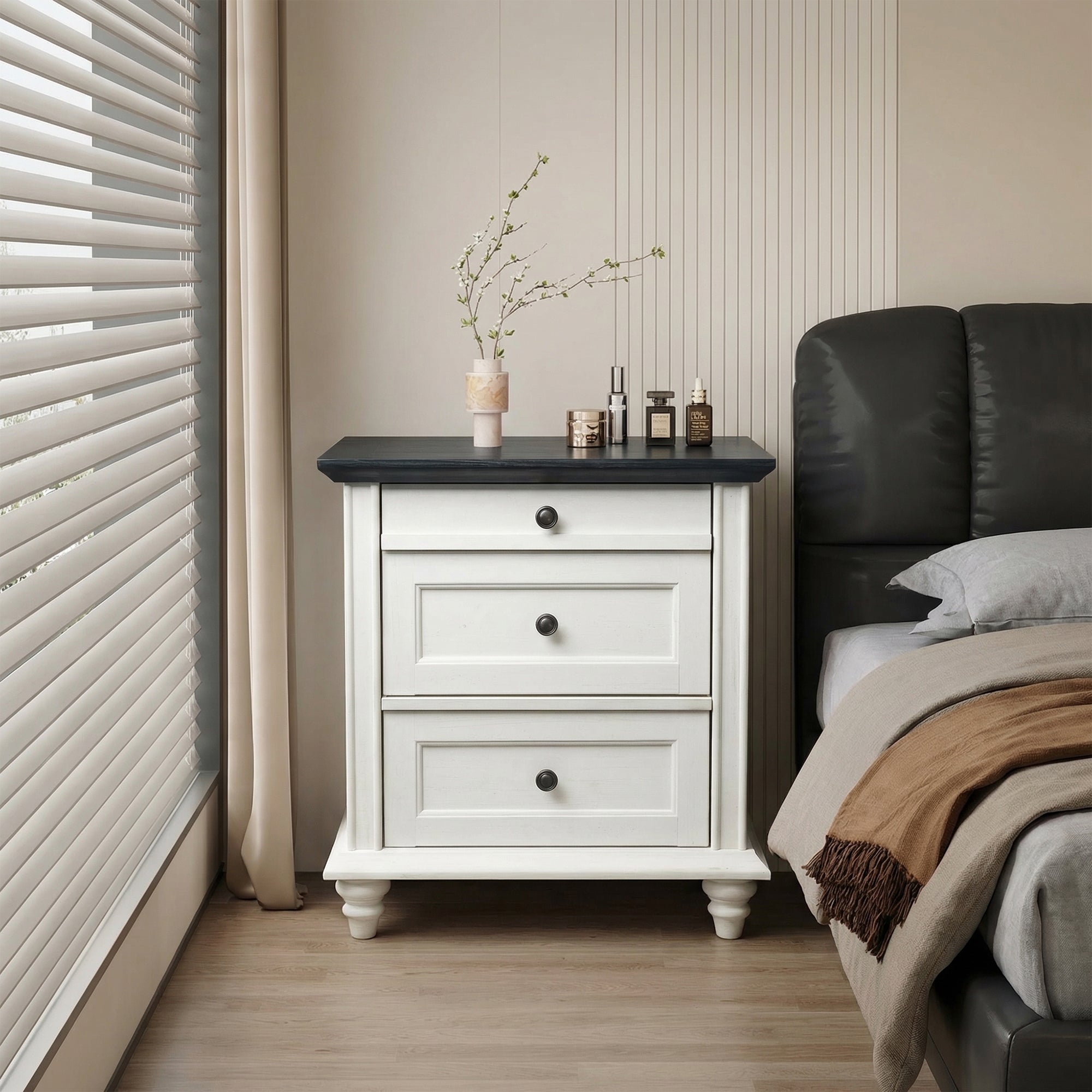 24 Inch Transitional 3-Drawer Nightstand with Solid Wood Legs