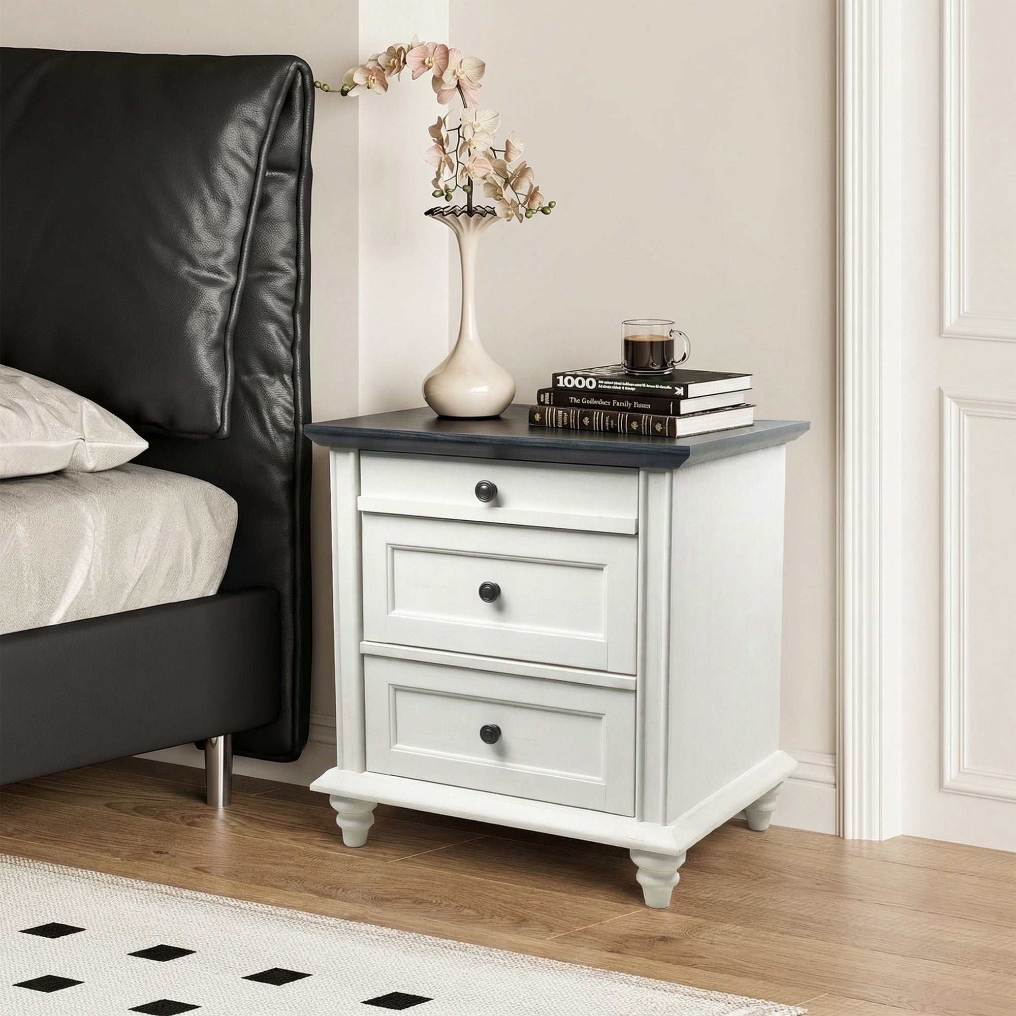 24 Inch Transitional 3-Drawer Nightstand with Solid Wood Legs