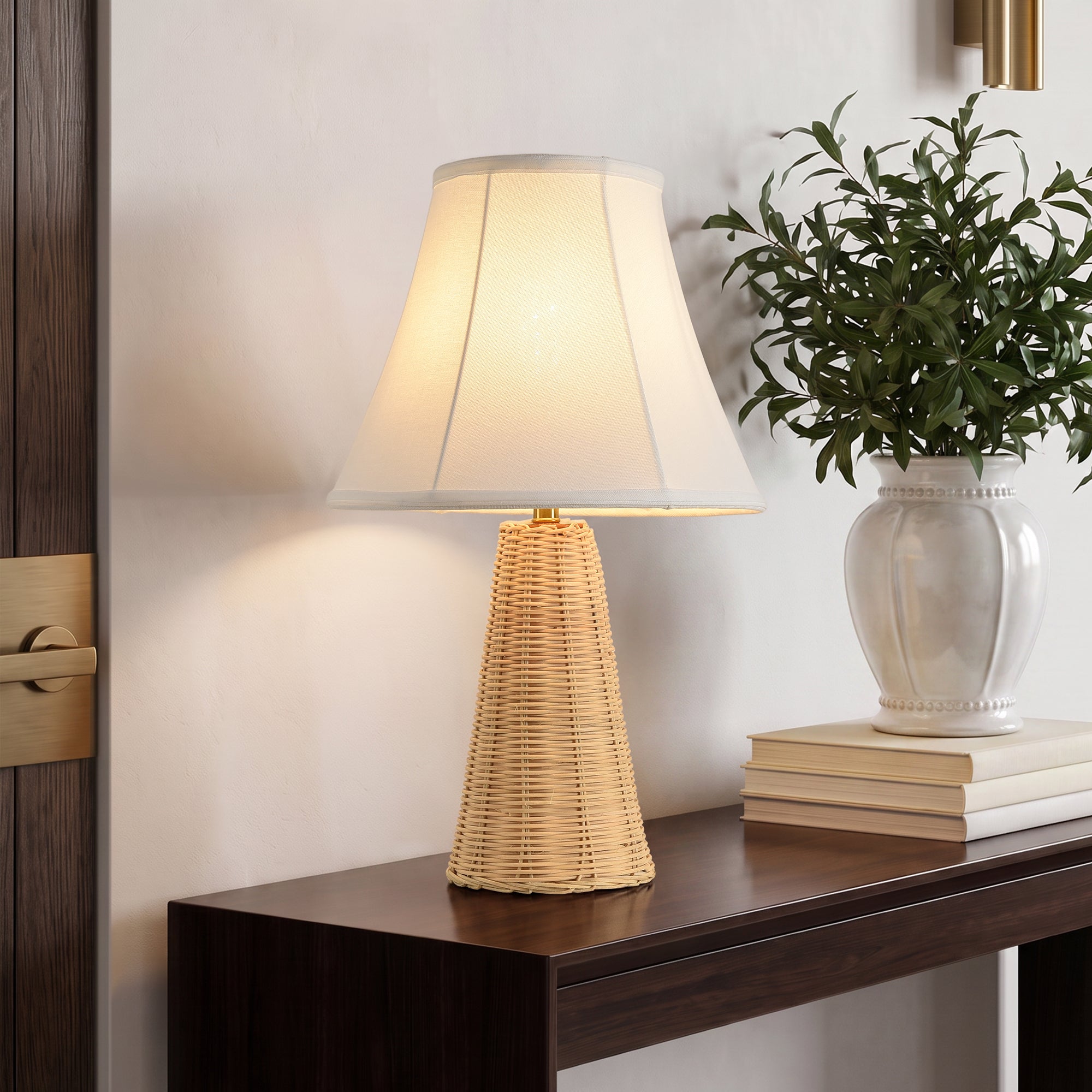 Enid 1-Light Farmhouse Rattan Table Lamp with Fabric Shade