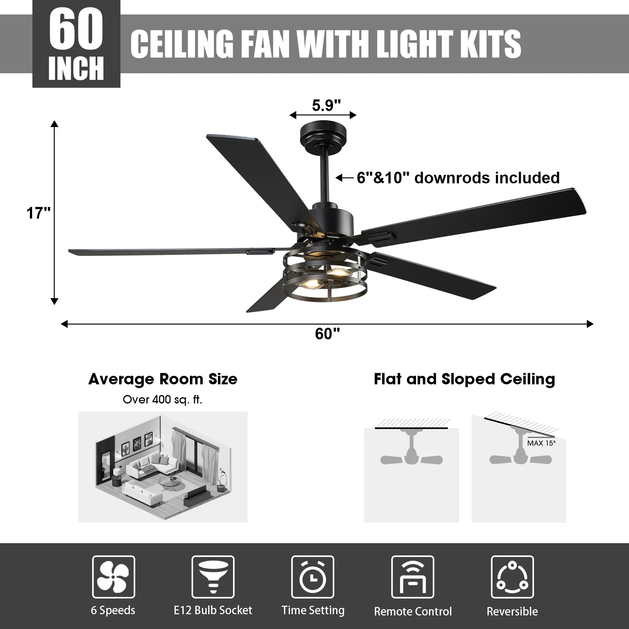 Vaczon 52 Inch 60 Inch Industrial Downrod Ceiling Fan with Light and APP & Remote Control
