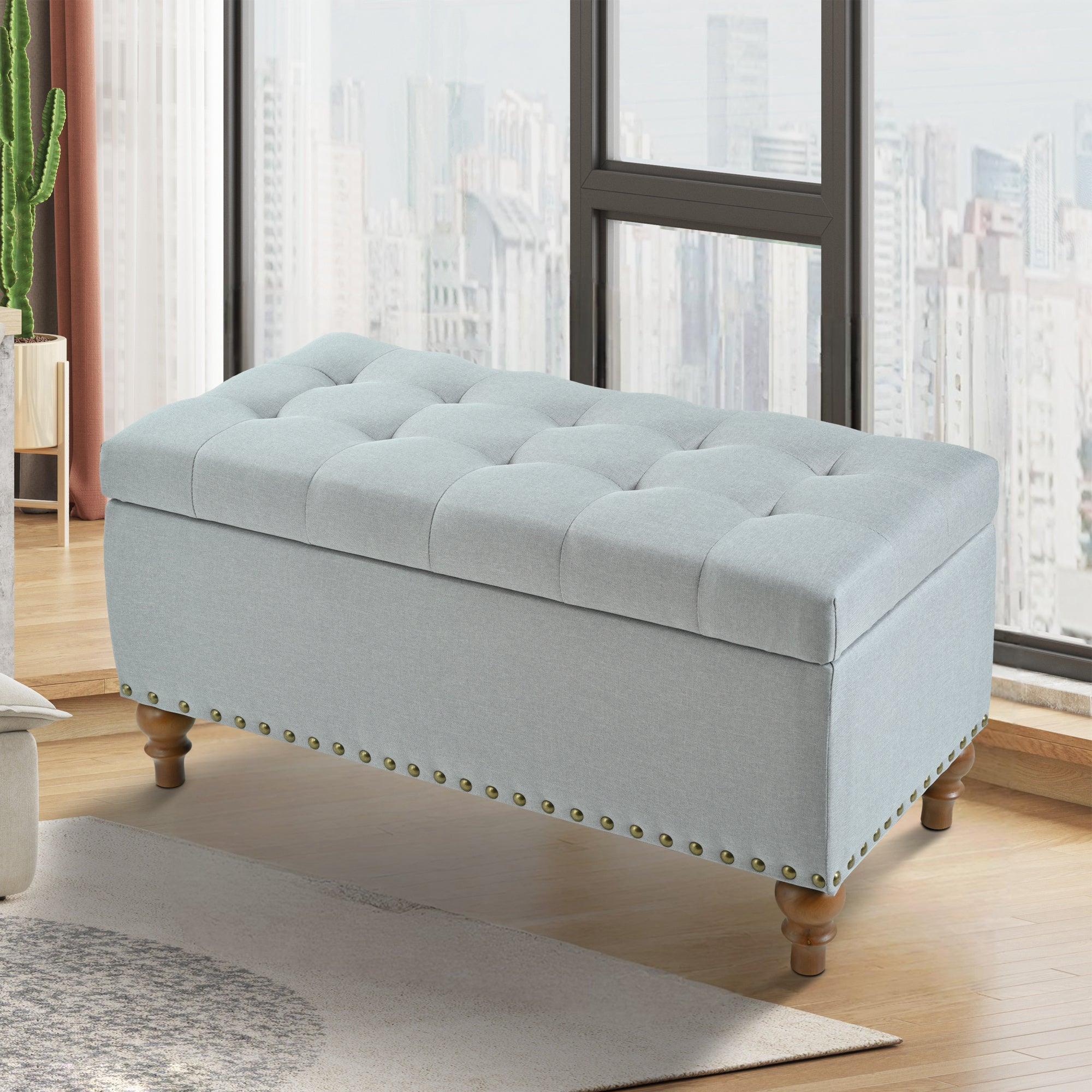36" Ottoman Storage Bench with Recessed Support Hinge Top for Easy Opening, Rivet Trim Around, Linen
