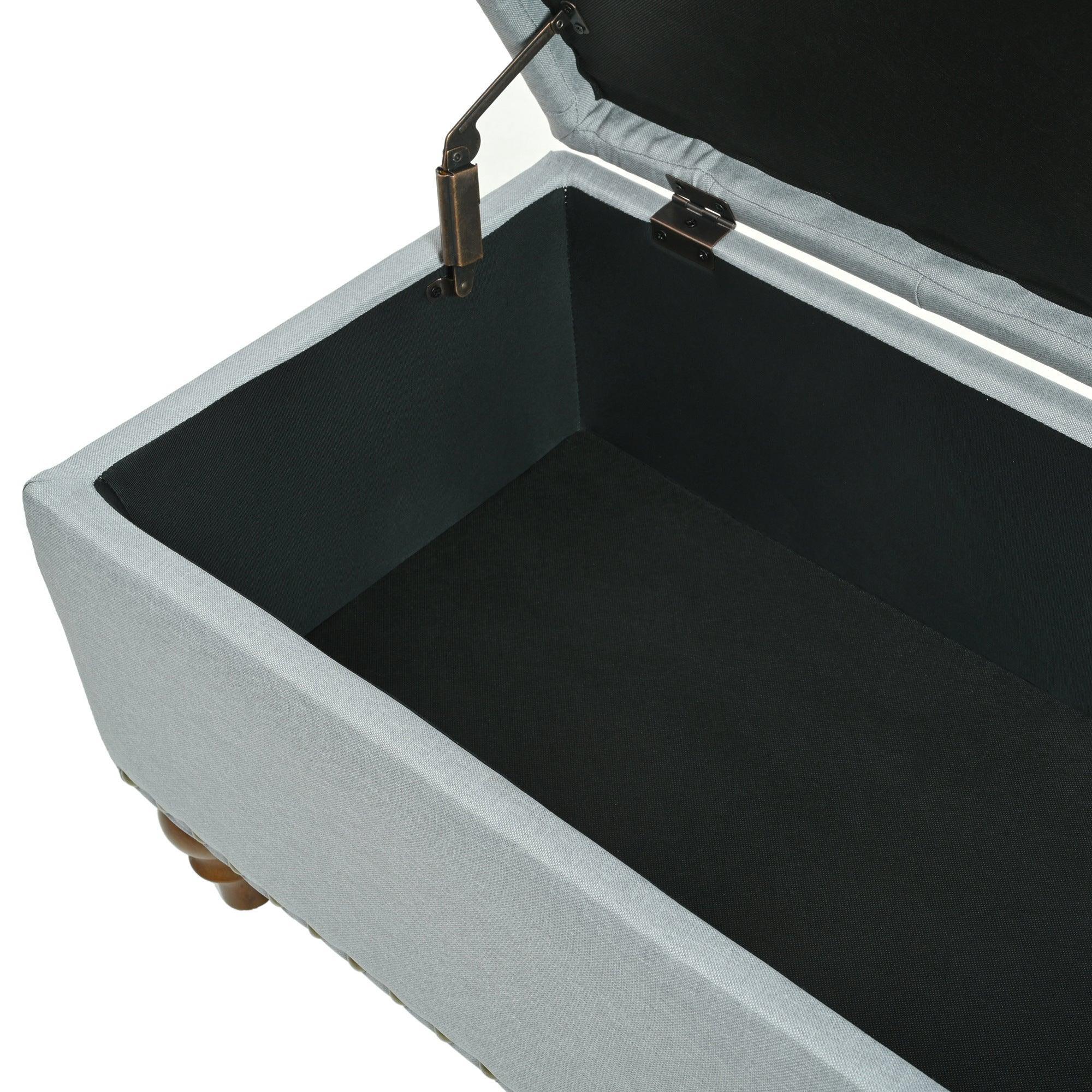 36" Ottoman Storage Bench with Recessed Support Hinge Top for Easy Opening, Rivet Trim Around, Linen