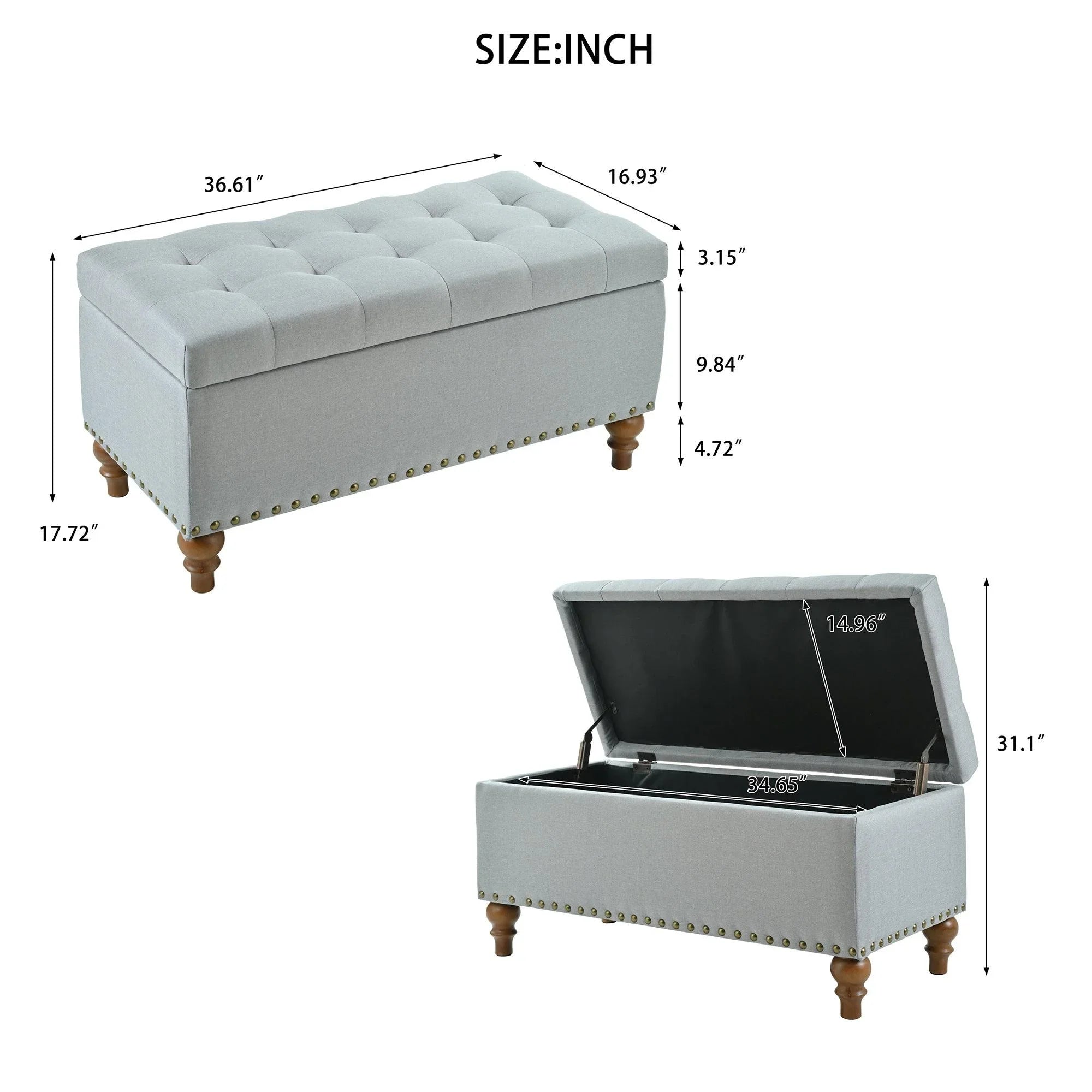 36" Ottoman Storage Bench with Recessed Support Hinge Top for Easy Opening, Rivet Trim Around, Linen