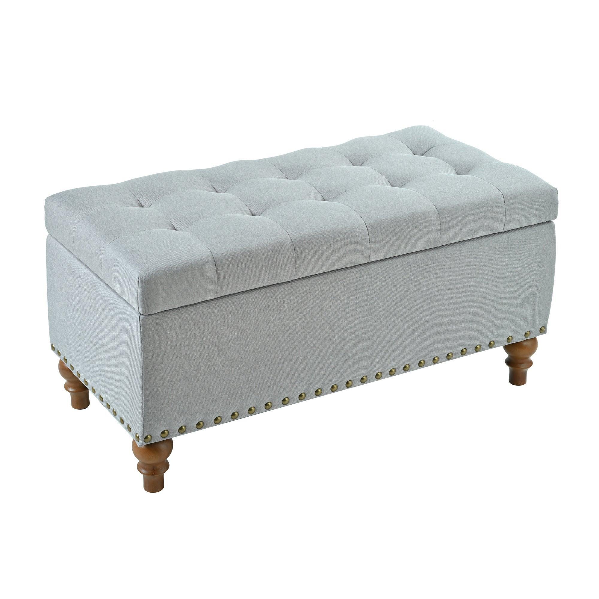36" Ottoman Storage Bench with Recessed Support Hinge Top for Easy Opening, Rivet Trim Around, Linen