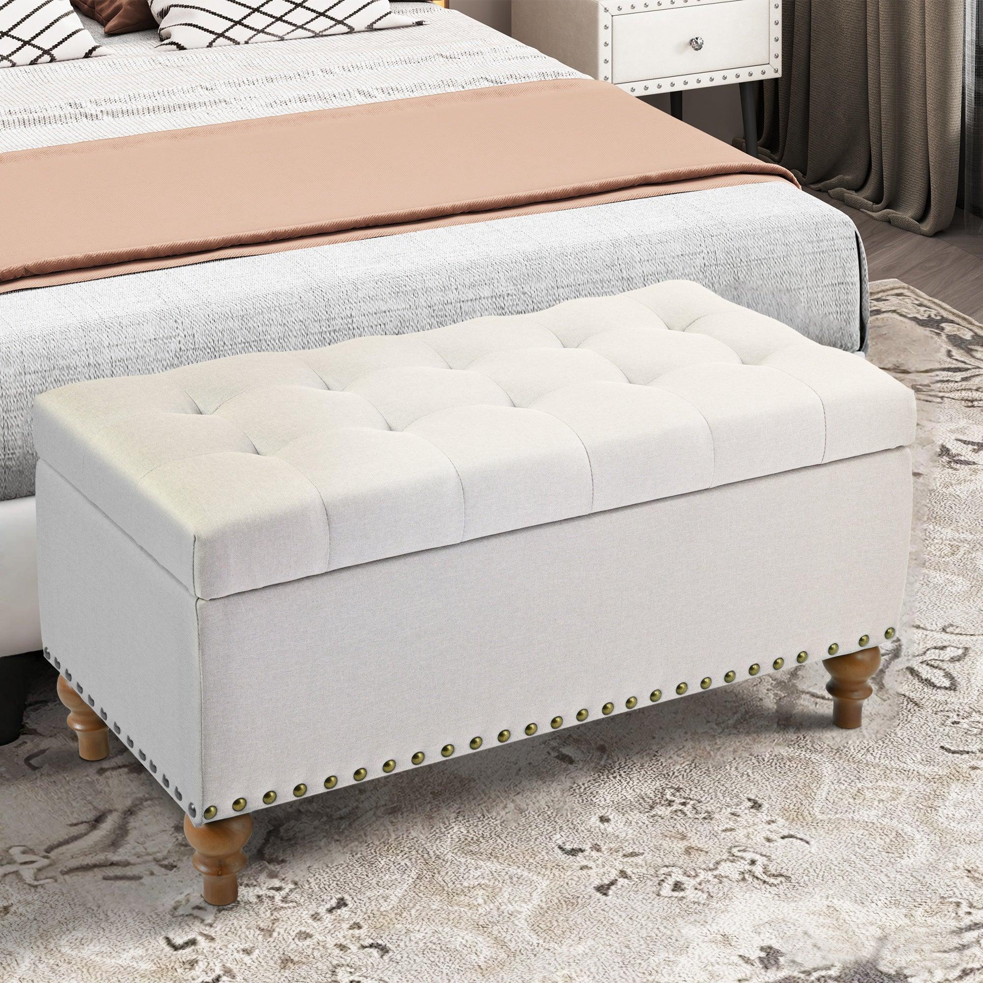36" Ottoman Storage Bench with Recessed Support Hinge Top for Easy Opening, Rivet Trim Around, Linen
