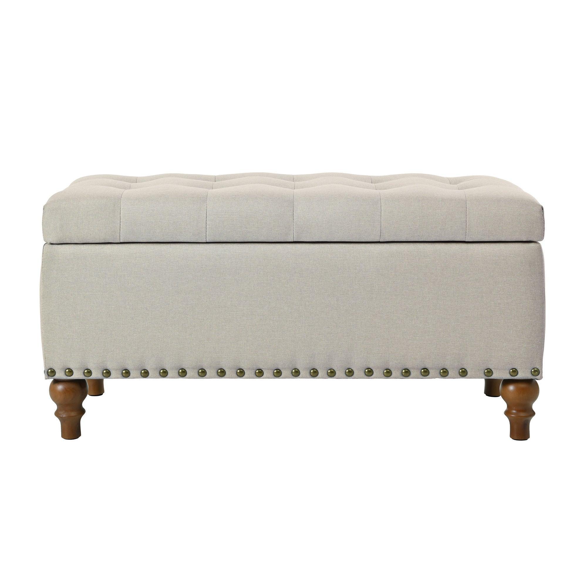 36" Ottoman Storage Bench with Recessed Support Hinge Top for Easy Opening, Rivet Trim Around, Linen