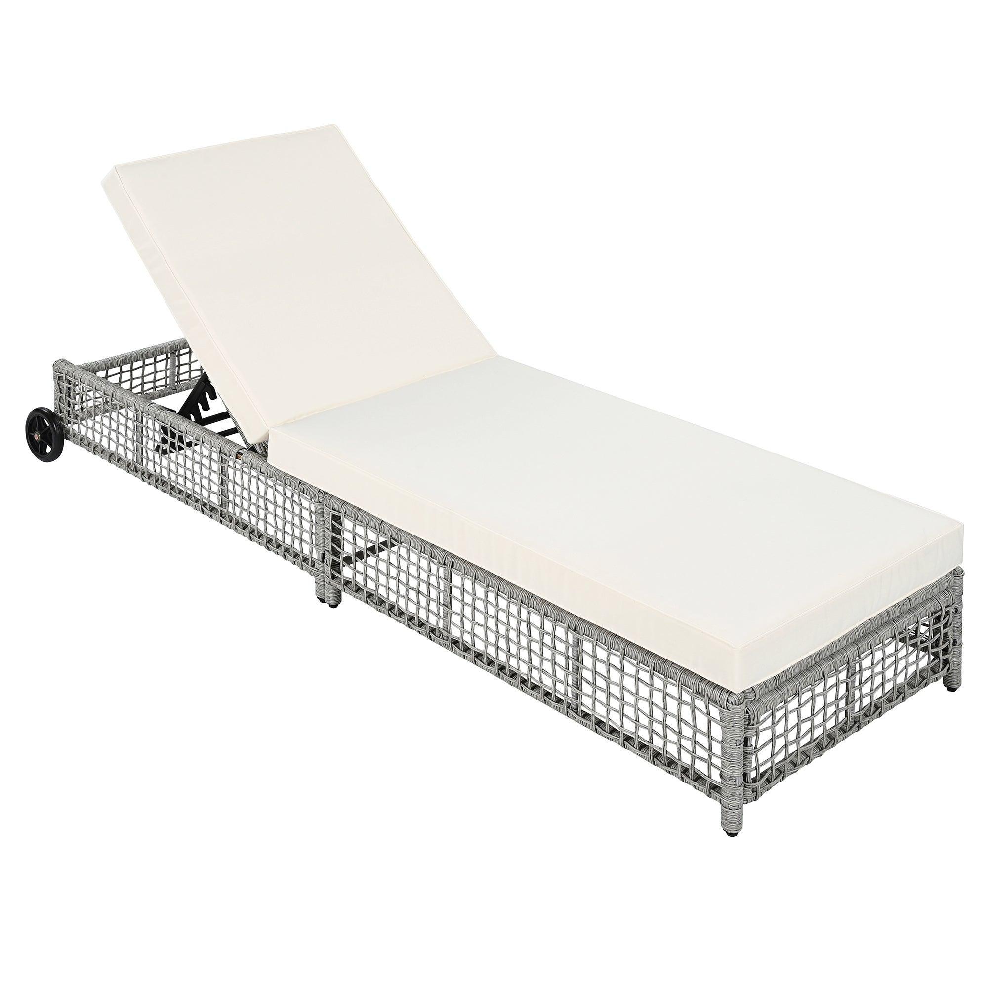 Outdoor Lounge Chair, Patio Chaise Lounge with 5-Position Backrest, Rattan Outdoor Lounge Chair with Cushion and Wheels for Poolside, Backyard, Garden