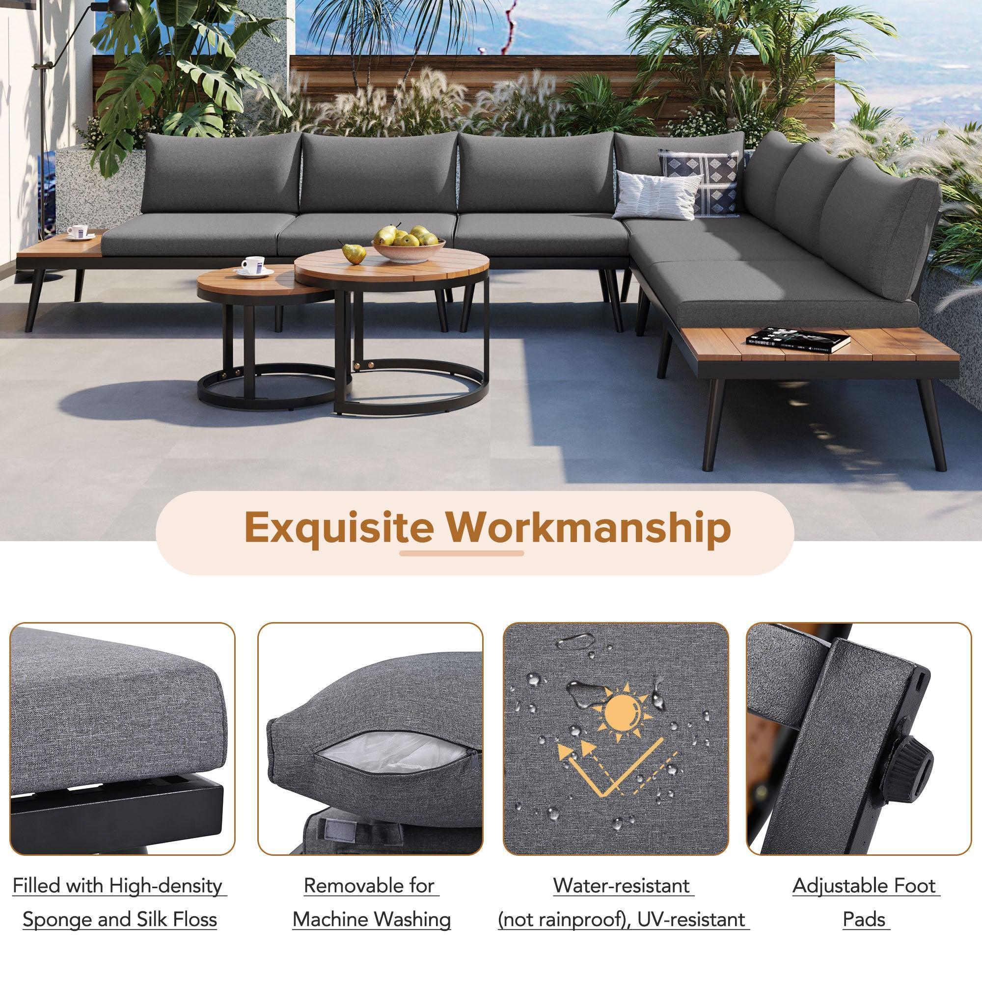 6-Piece Outdoor Sectional Sofa Set with Round Nesting Coffee Tables and Seating Sofa with Cushions for Patio, Porch and Garden