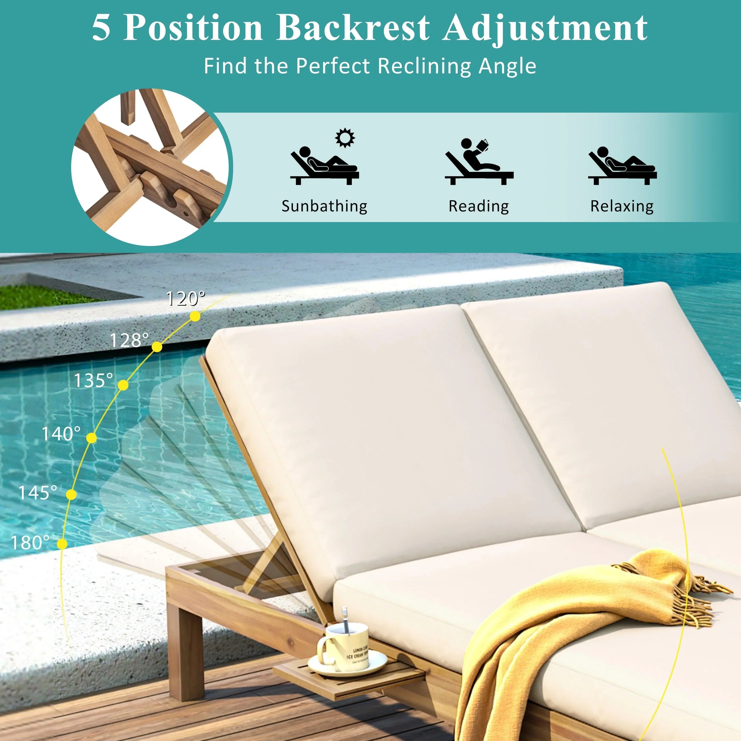 5-Position Adjustable Backrest Outdoor Chaise Lounge Daybed with Cushion and Folding Side Trays for 2 People, Poolside Garden