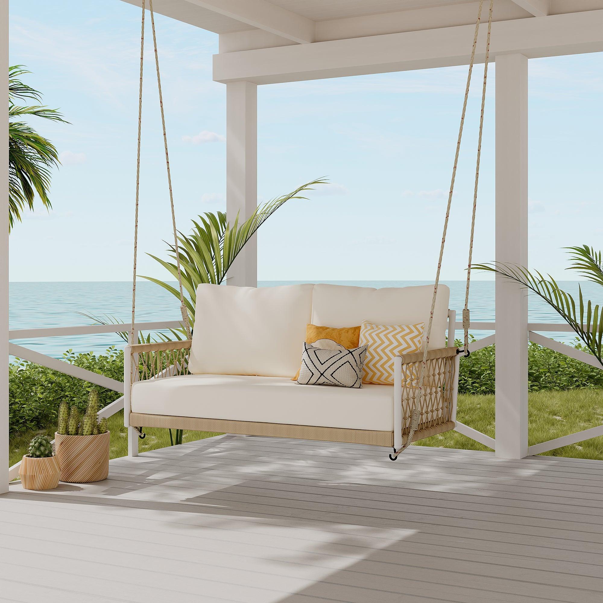 1-Piece Woven Rope Outdoor Swing Sofa with Soft Cushions Seating 2 for Patio, Courtyard and Balcony