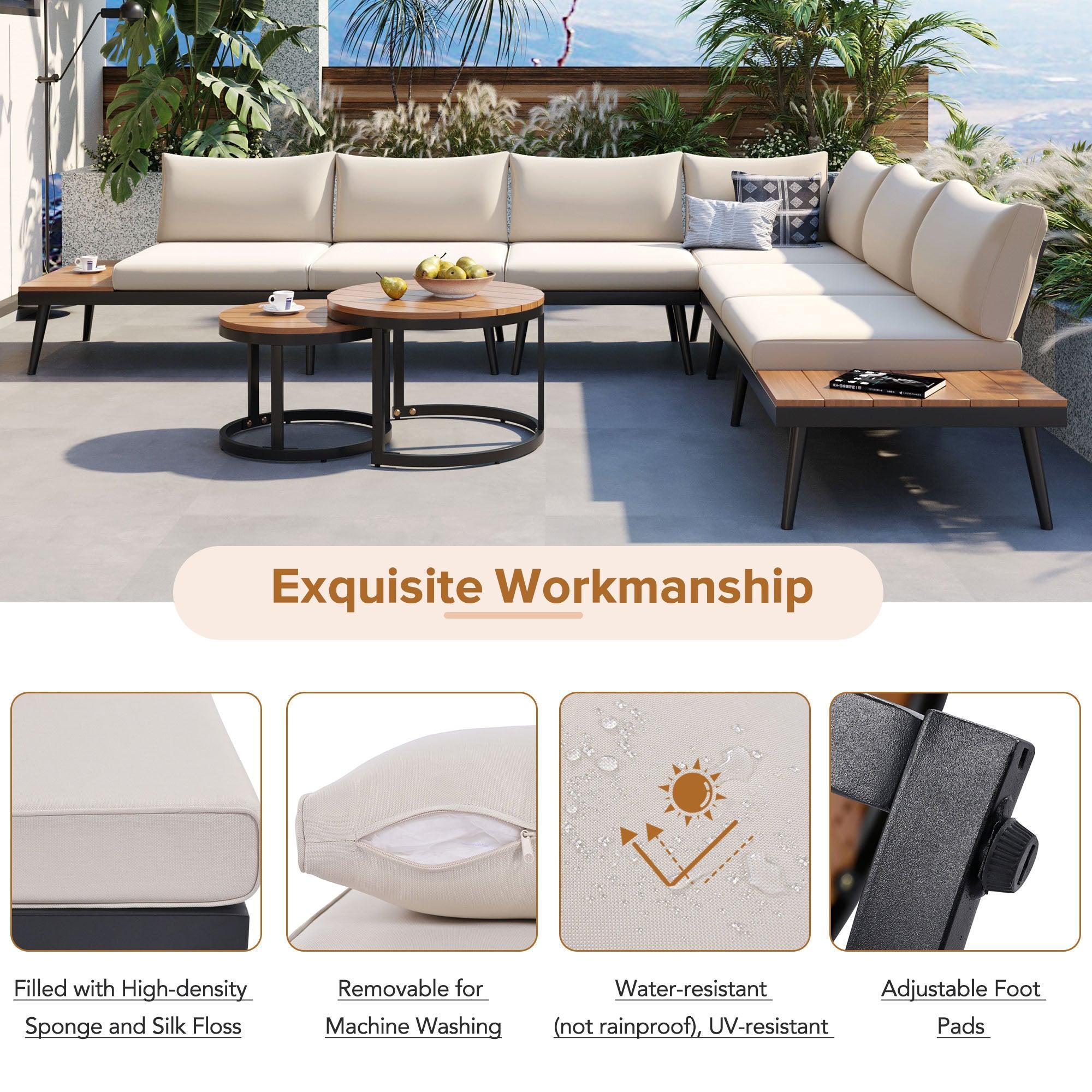 6-Piece Outdoor Sectional Sofa Set with Round Nesting Coffee Tables and Seating Sofa with Cushions for Patio, Porch and Garden